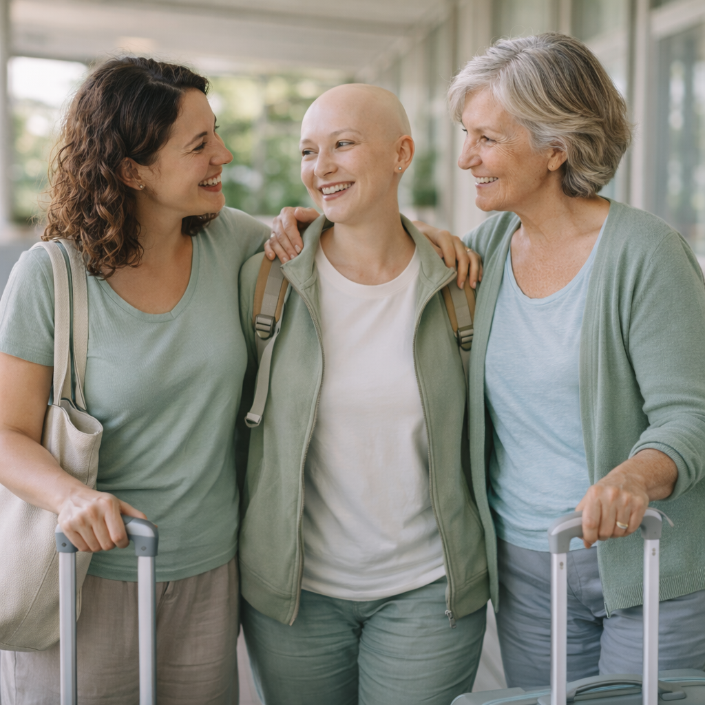 Three women, one with a shaved head, smiling and embracing each other in an indoor setting, carrying luggage.