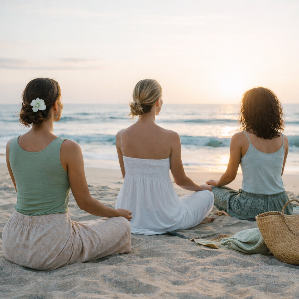Three women sitting cross-legged on the beach facing the ocean during sunset, dressed in summery clothing. One has a flower in her hair, a bag and blanket are nearby.