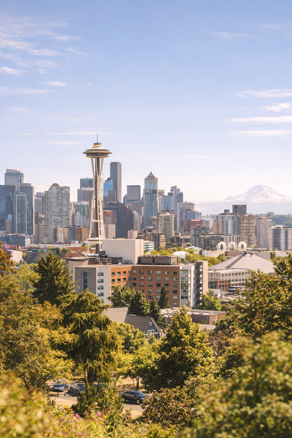 Seattle skyline with the Space Needle in the center, Mount Rainier in the background, and trees with green foliage in the foreground.