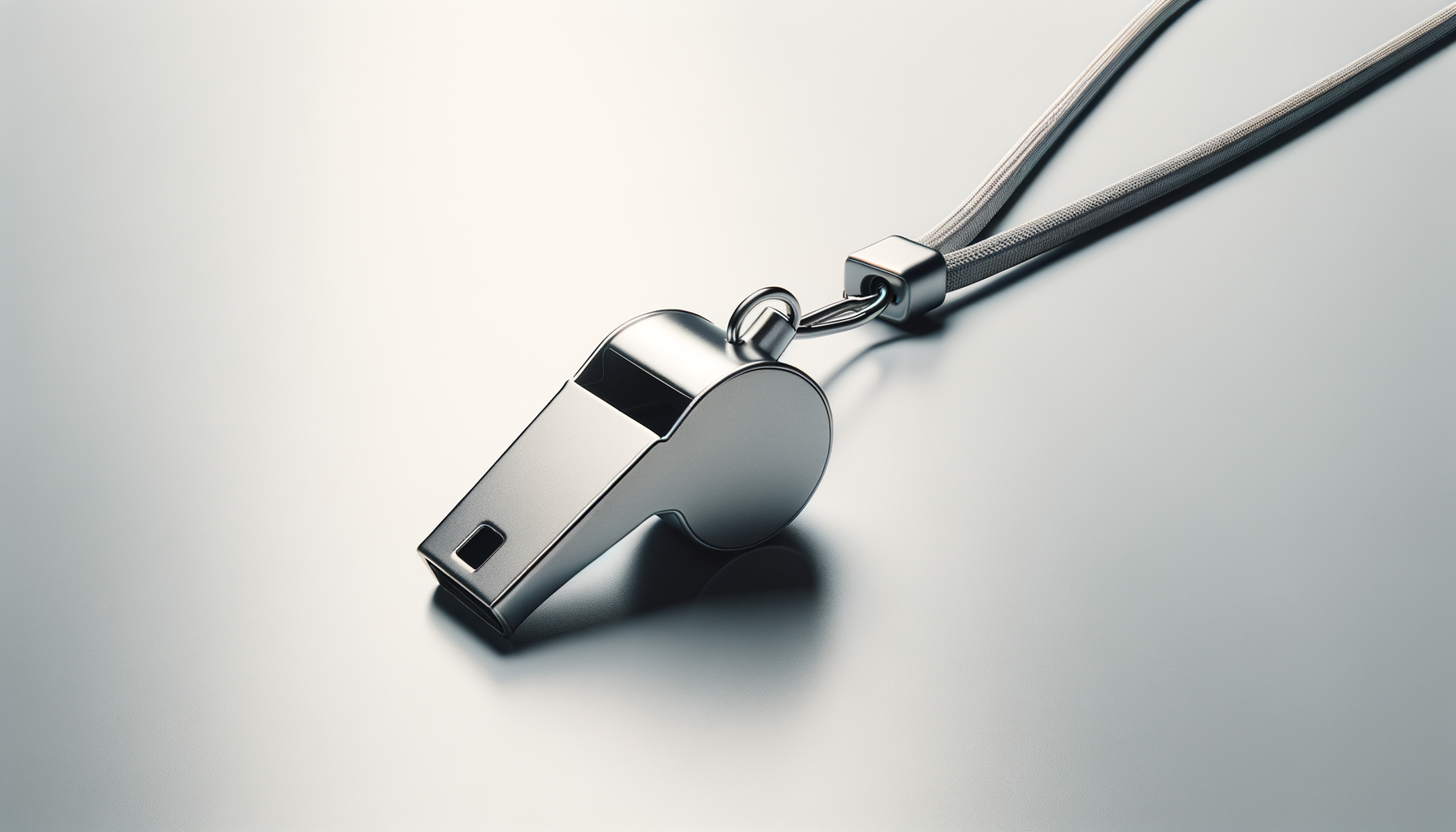 A silver whistle attached to a gray lanyard on a light surface.