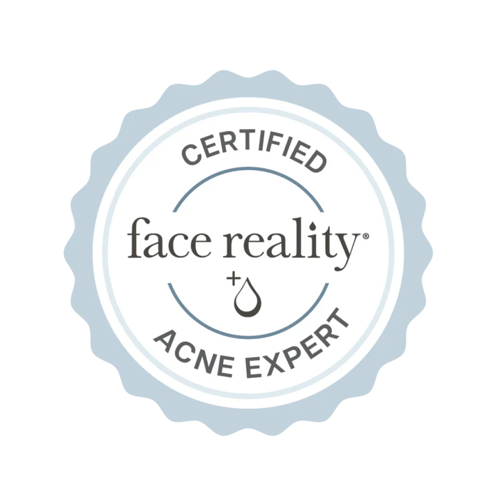 A certification badge for face reality, indicating it is a certified acne expert.