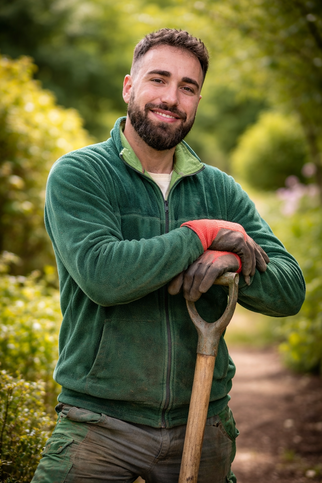Ein junger Mann mit braunem Bart, grünem Jacke, grauen Hosen und Gartenarbeitshandschuhen, steht im Garten mit einem Spaten in den Händen, umgeben von grünen Pflanzen und Bäumen.