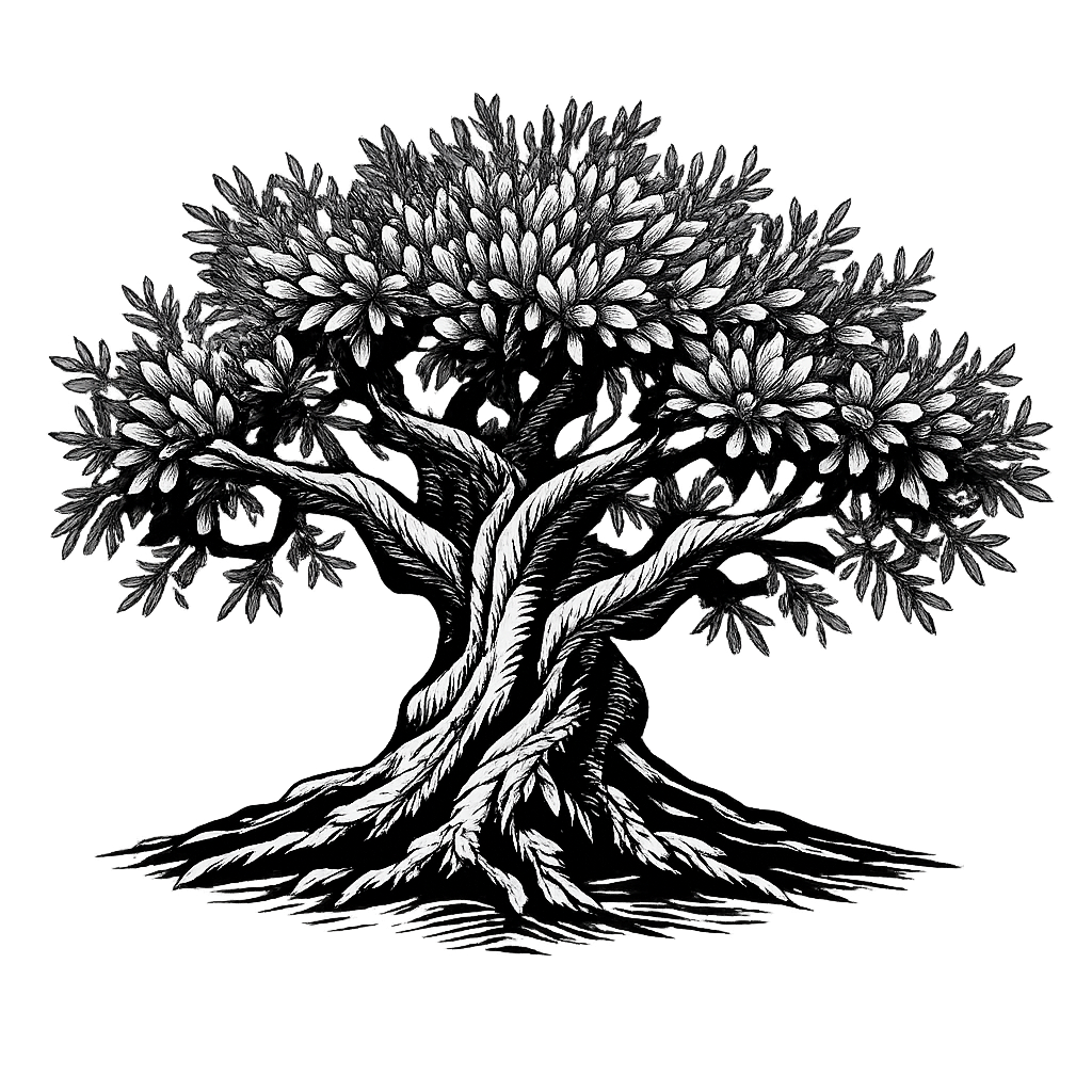 Schwarze und weiße Illustration eines Baumes mit detaillierten Ästen, Blättern und Blüten auf schwarzem Hintergrund.