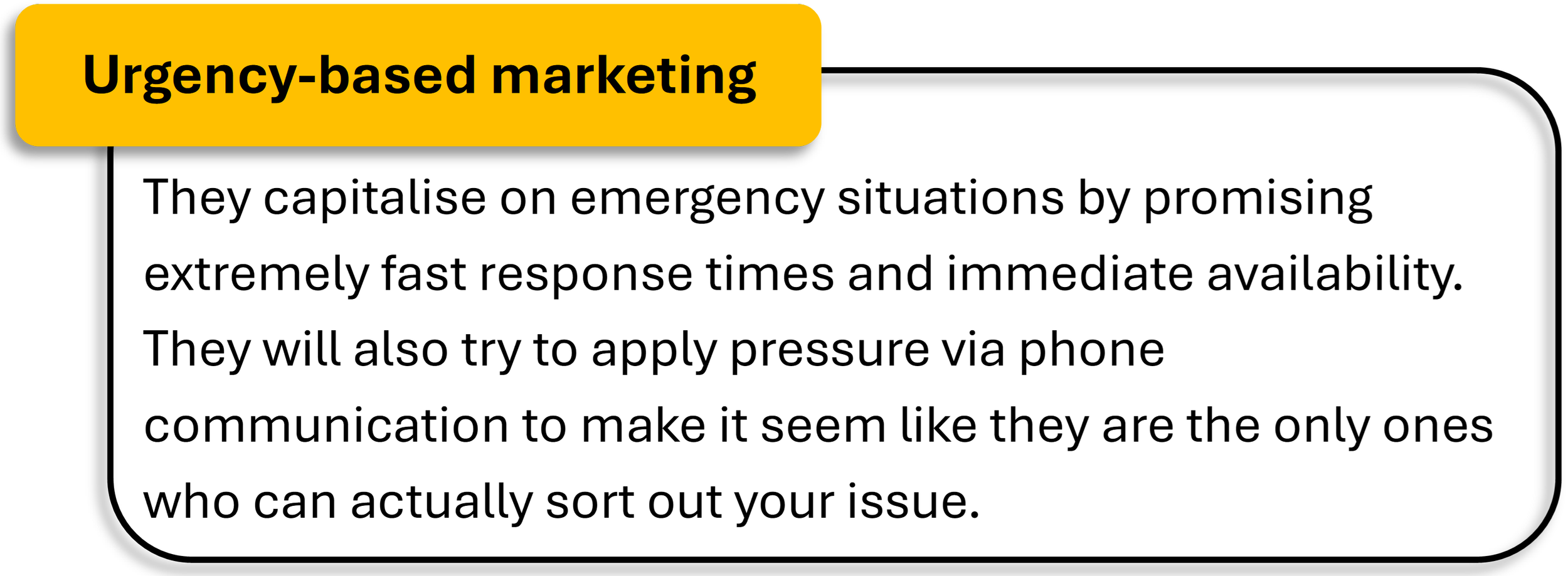 A custom image with a orange title that explains how rogue locksmiths attract customers by capitalising on emergency situations by promising fast response times and immediate availability.