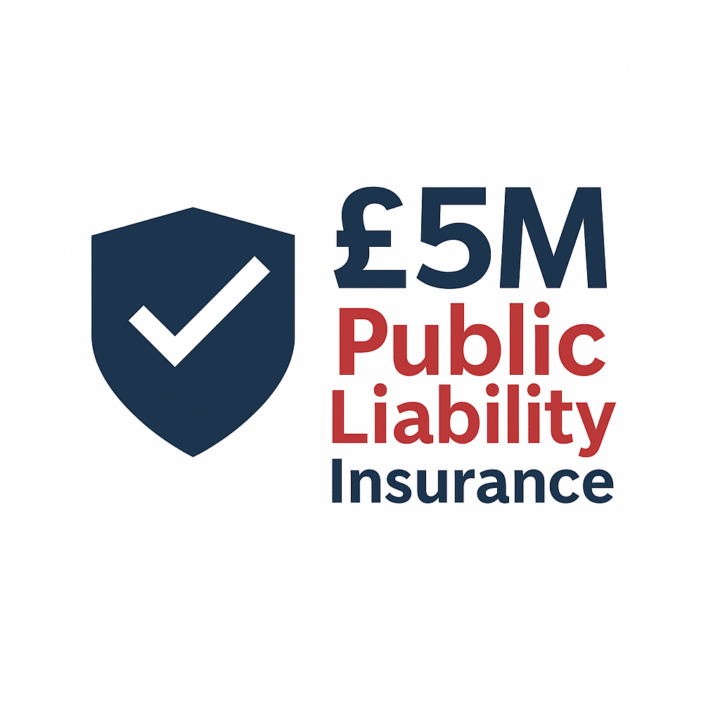 A blue shield with a tick inside with text to the right stating "£5m Public Liability Insurance" highlighting that Locksmithery holds this cover.