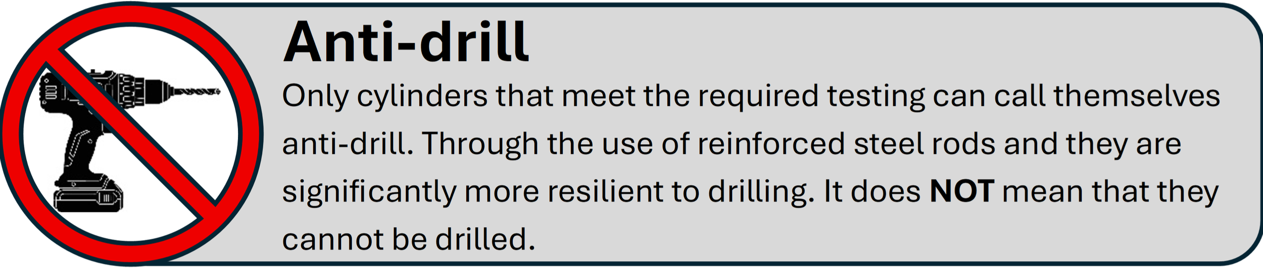 A custom image created by Locksmithery with black drill tools surrounded by a red circle with text to the right highlighting how a lock gets the title 'anti-drill'