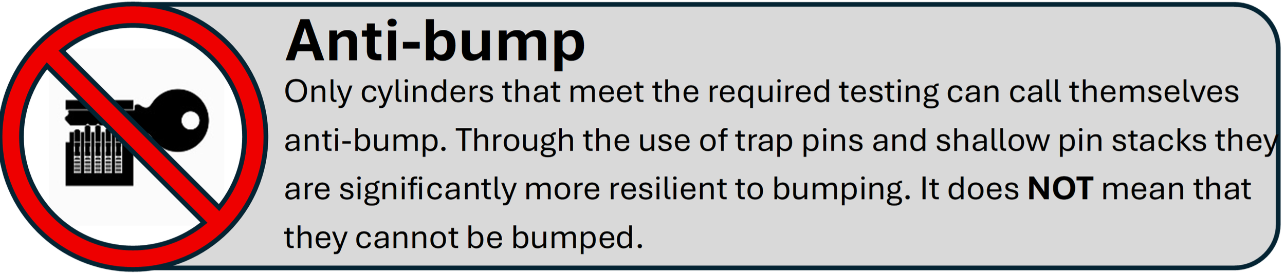 A custom image created by Locksmithery with black key in a cylinder core surrounded by a red circle with text to the right highlighting how a lock gets the title 'anti-bump'