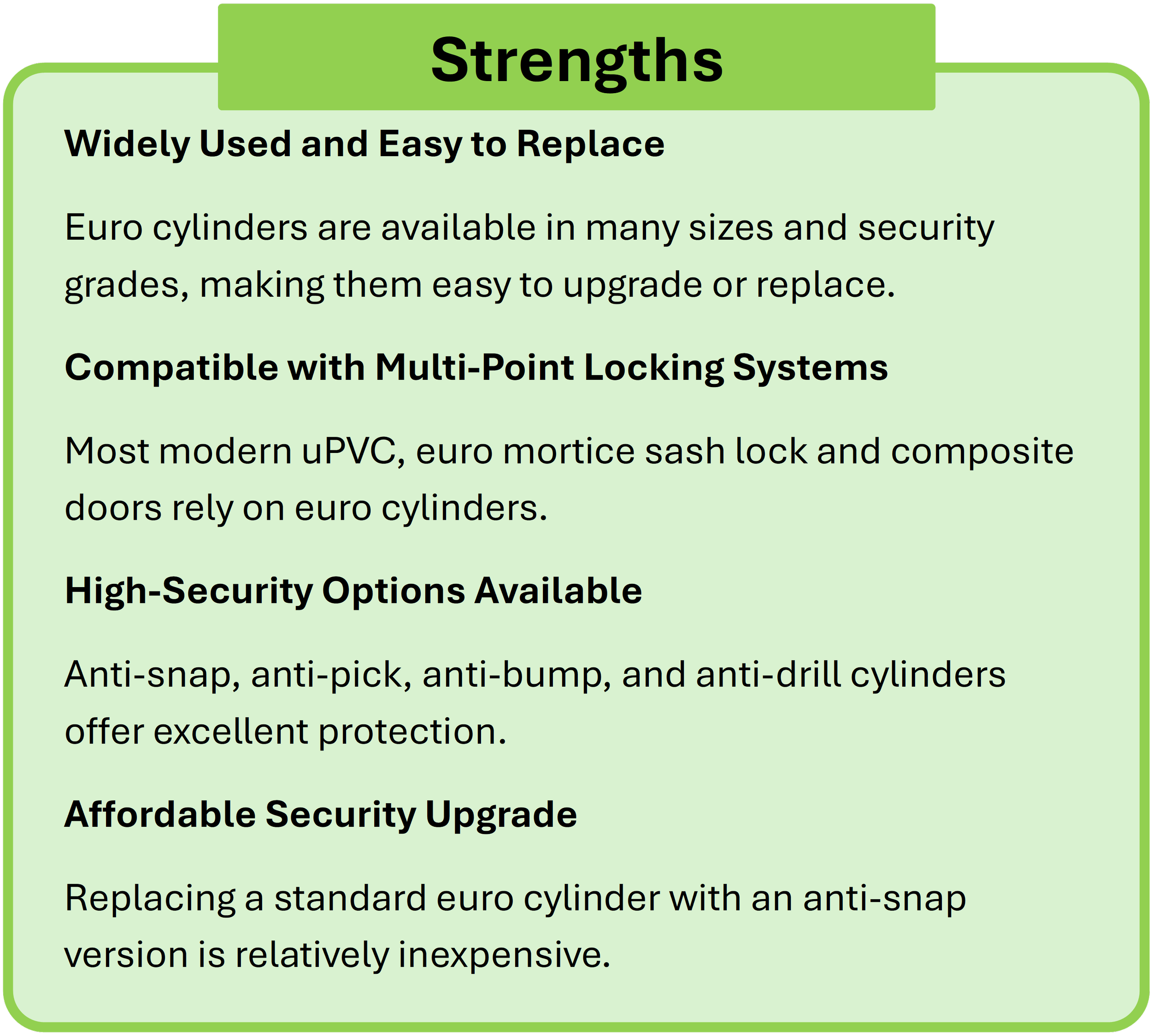 A custom green box with black text highlighting the strengths of a euro cylinder.