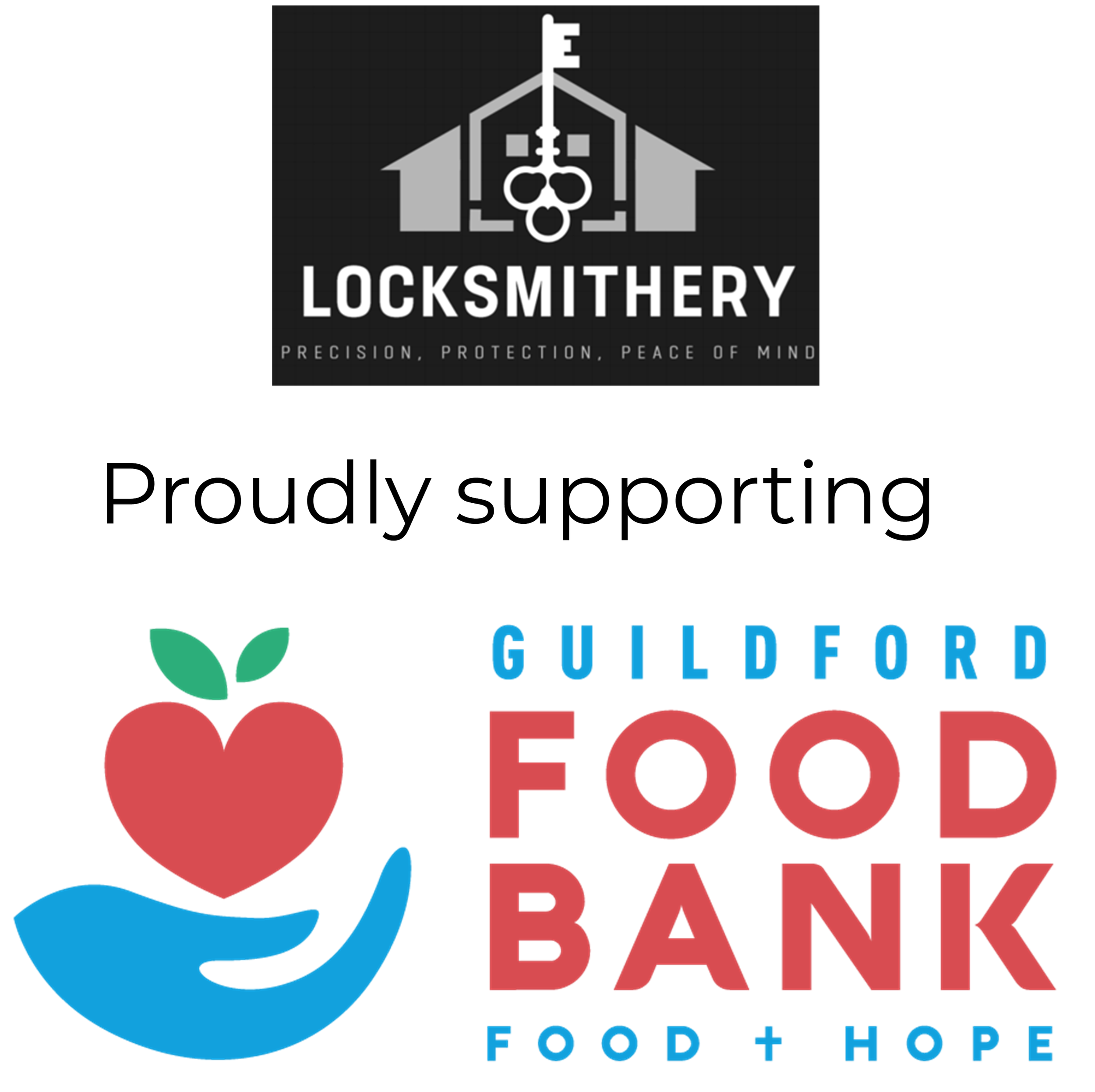 An image of Locksmithery and Guildford Food Bank's company logos, with the text that highlights that Locksmithery is proud to support Guildford food bank
