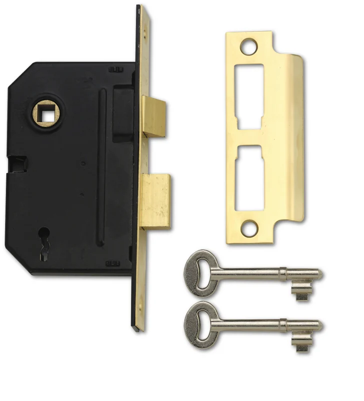 An image of a 3 lever mortice sashlock with 2 keys with text to the right explaining the different types of mortice lock.
