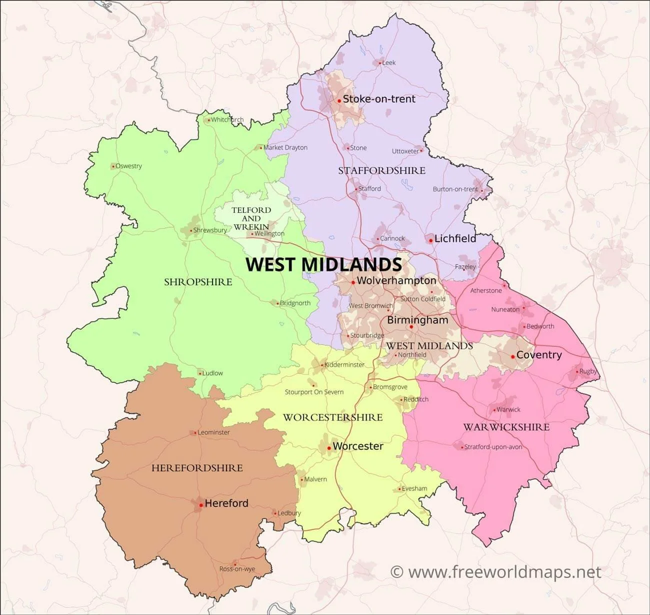 an image of west midlands, with each county boundaries.