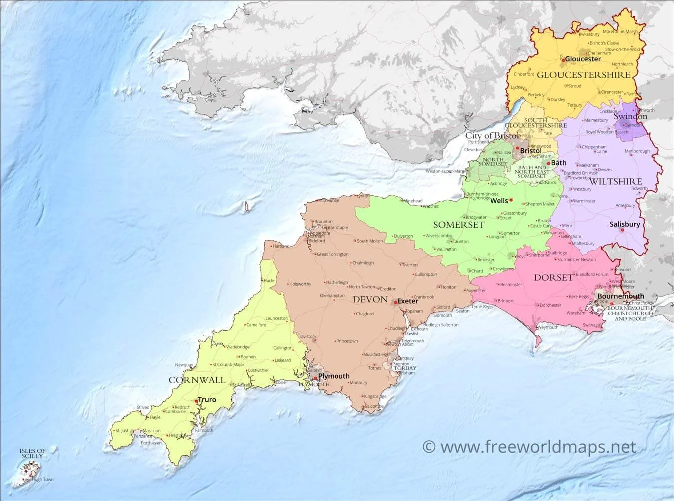 An image of the South West of the UK, with each county bondaries highlighted.