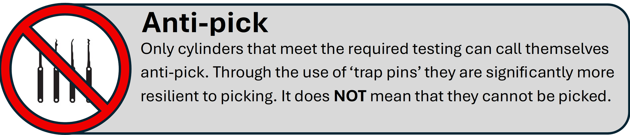 A custom image created by Locksmithery with black picking tools surrounded by a red circle with text to the right highlighting how a lock gets the title 'anti-pick'