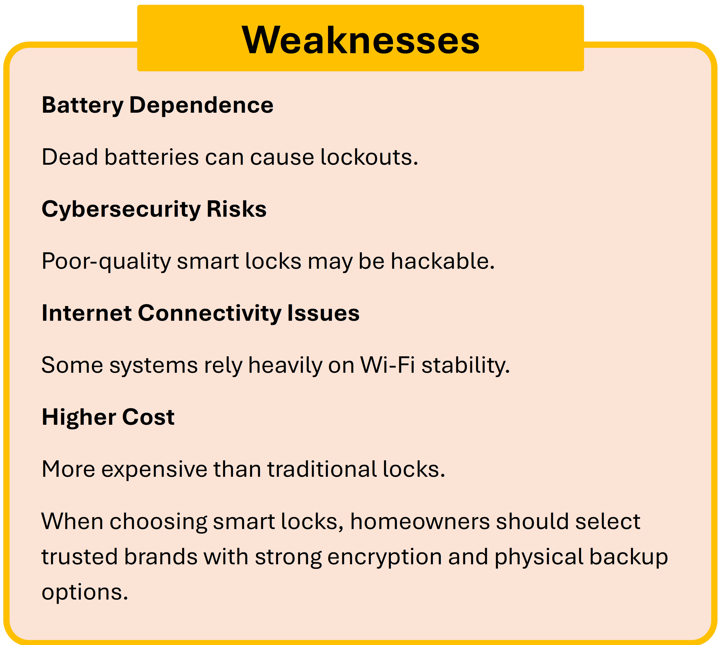 An orange custom box highlighting the weaknesses of a smart lock.