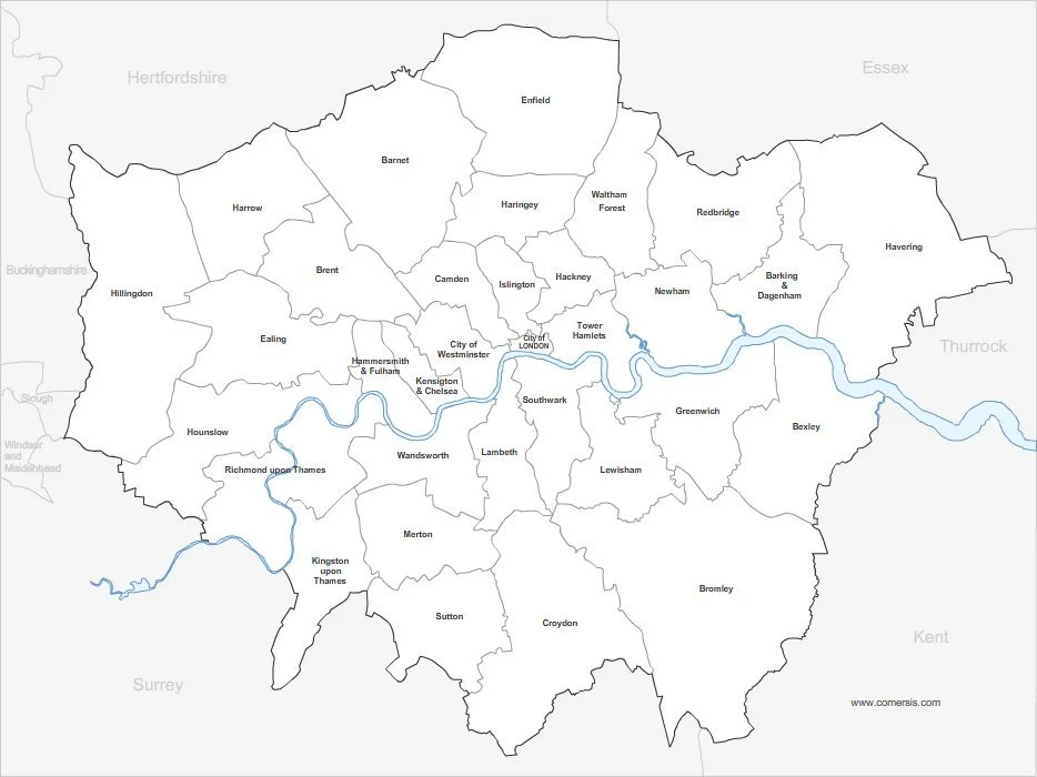 An image of the city of London, broken down into its borders and councils. There is text to the left that highlights the average costs of Locksmith services in the London area.