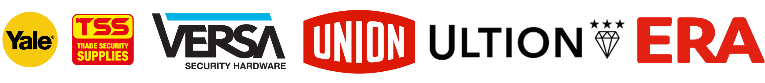 A banner with the logos of Yale, TSS, Versa, Union, Ultion and ERA. All manufacture locking mechanisms and Locksmithery supply these, and more.