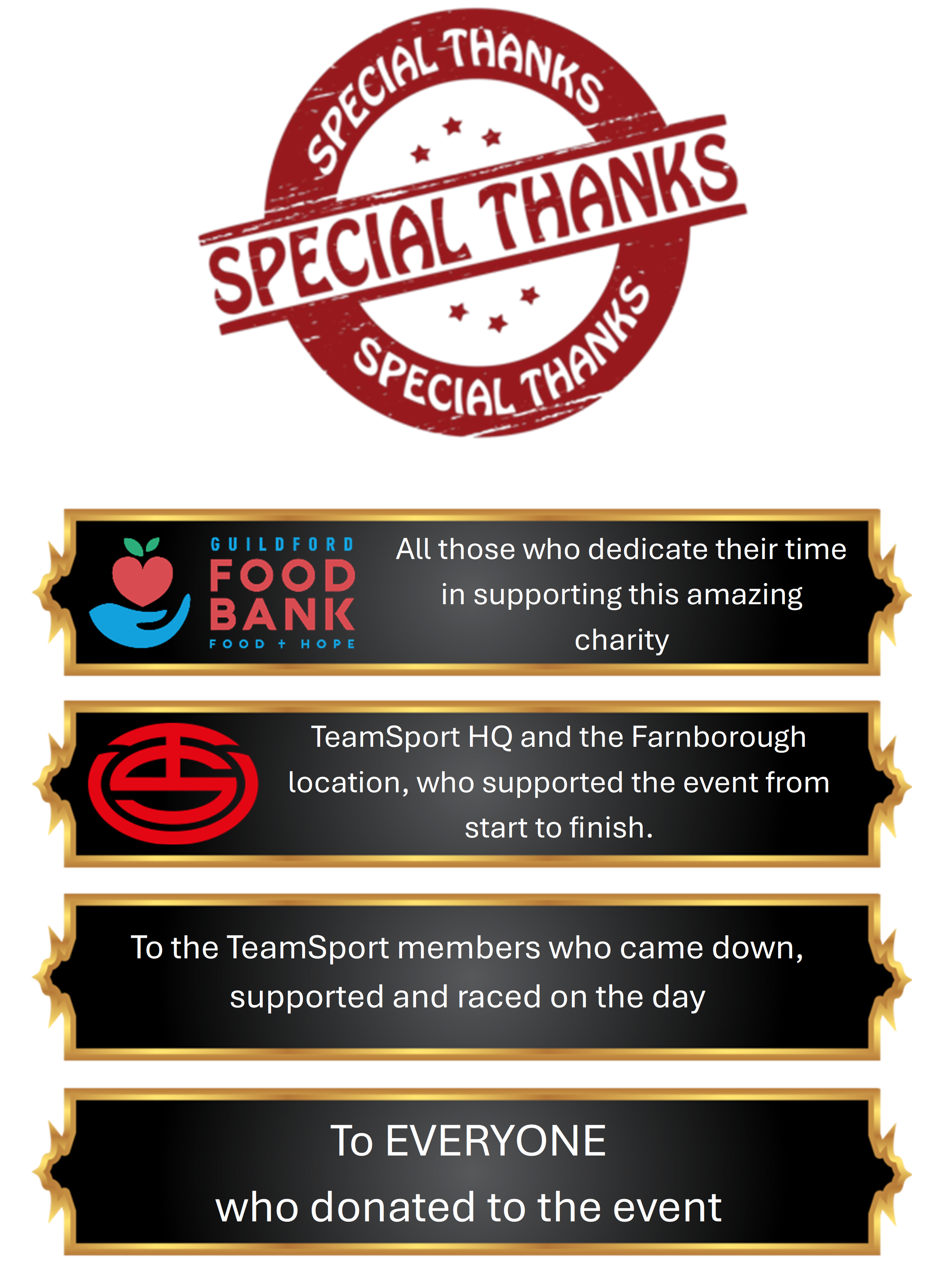 A special thanks image from Locksmithery, highlighting thanks to Guildford Food Bank, TeamSport, the TeamSport members and everyone who supported and donated to the event.