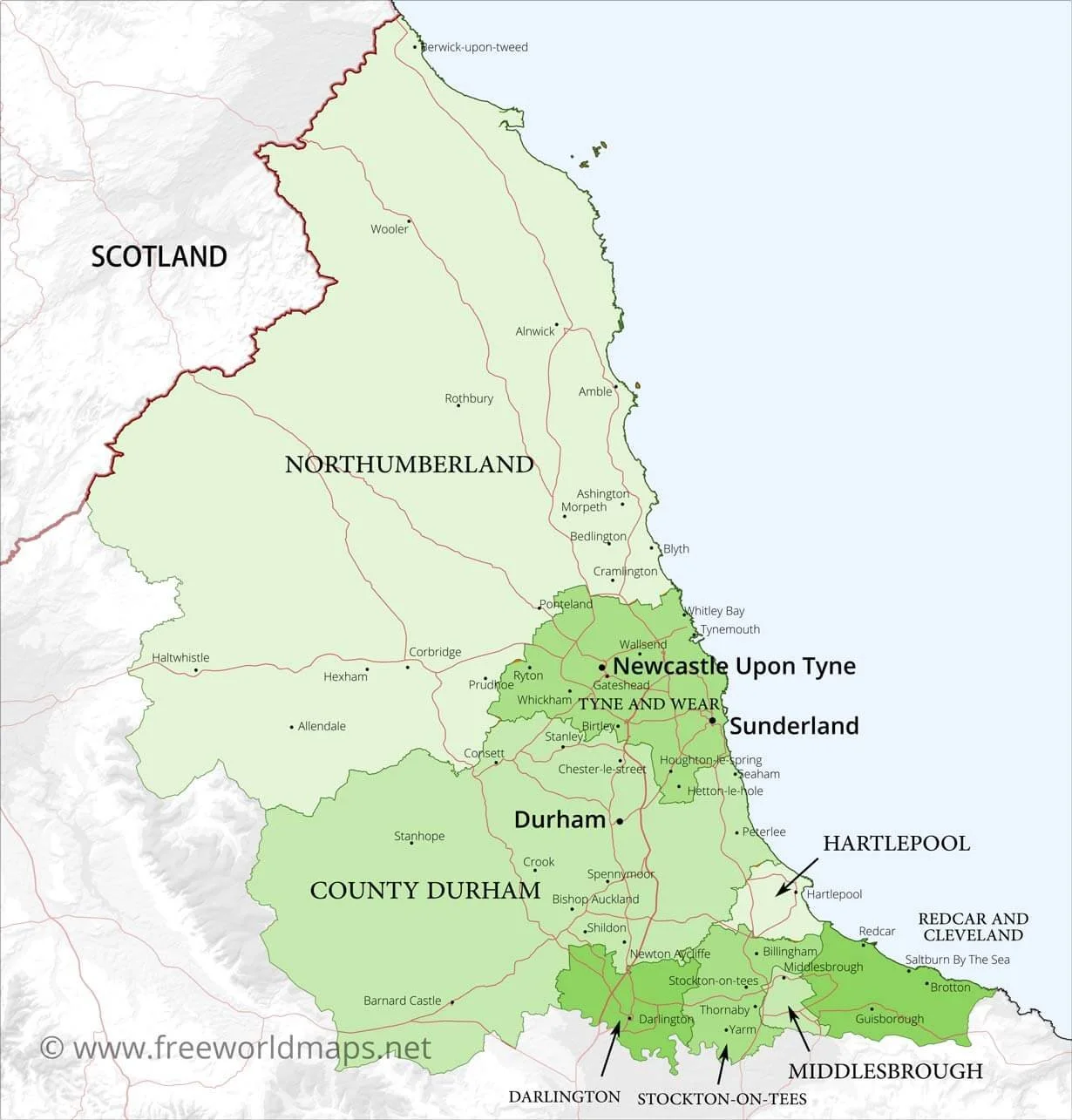 an image of all the counties within the north east of the UK.