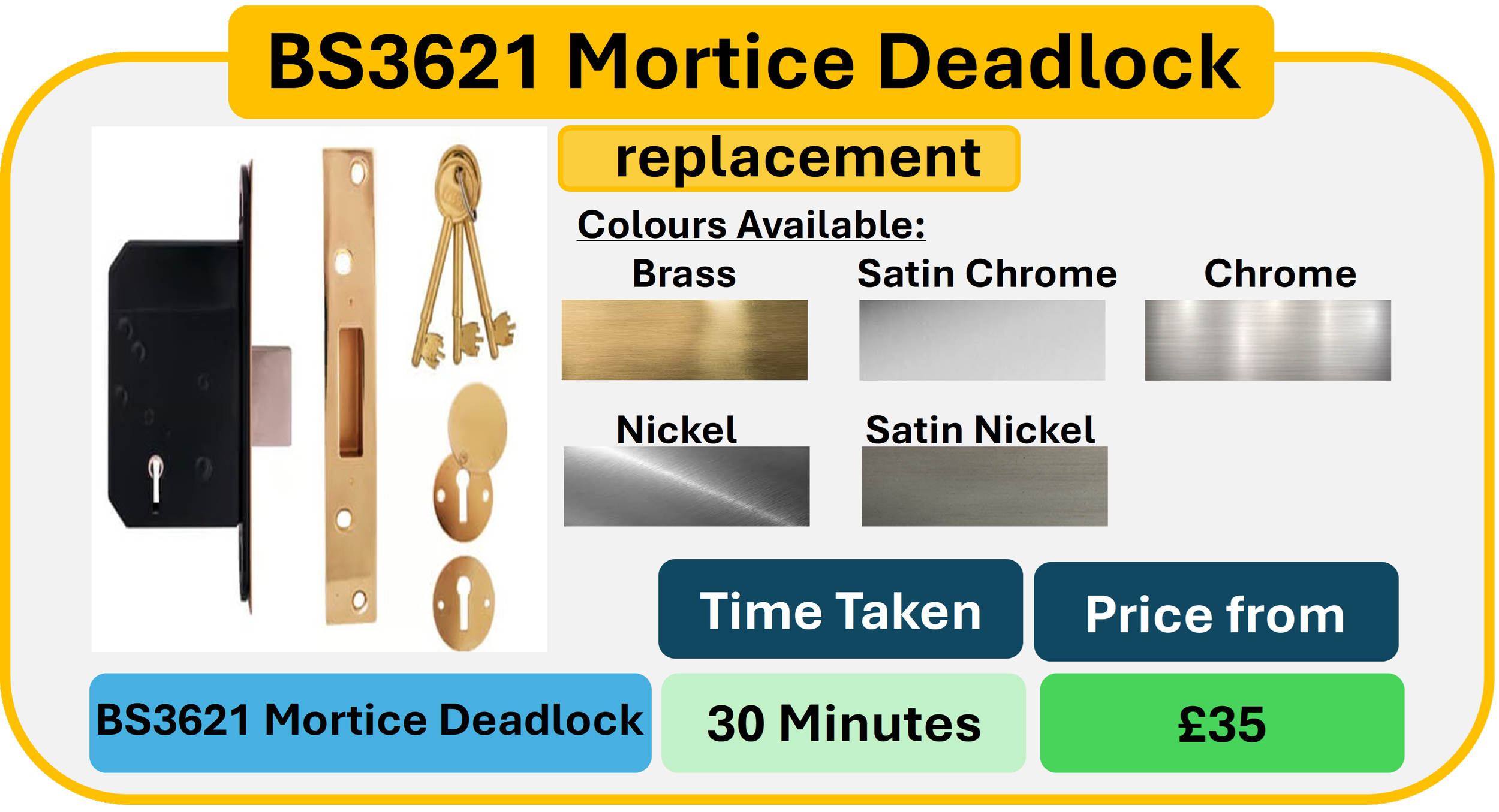 A product advertisement for BS3621 Mortice Deadlock replacement with images of a black deadlock, a brass strike plate, and a set of keys. The ad lists available colors: Brass, Satin Chrome, Chrome, Nickel, and Satin Nickel. The estimated installation time is 30 minutes, and the starting price is £35.