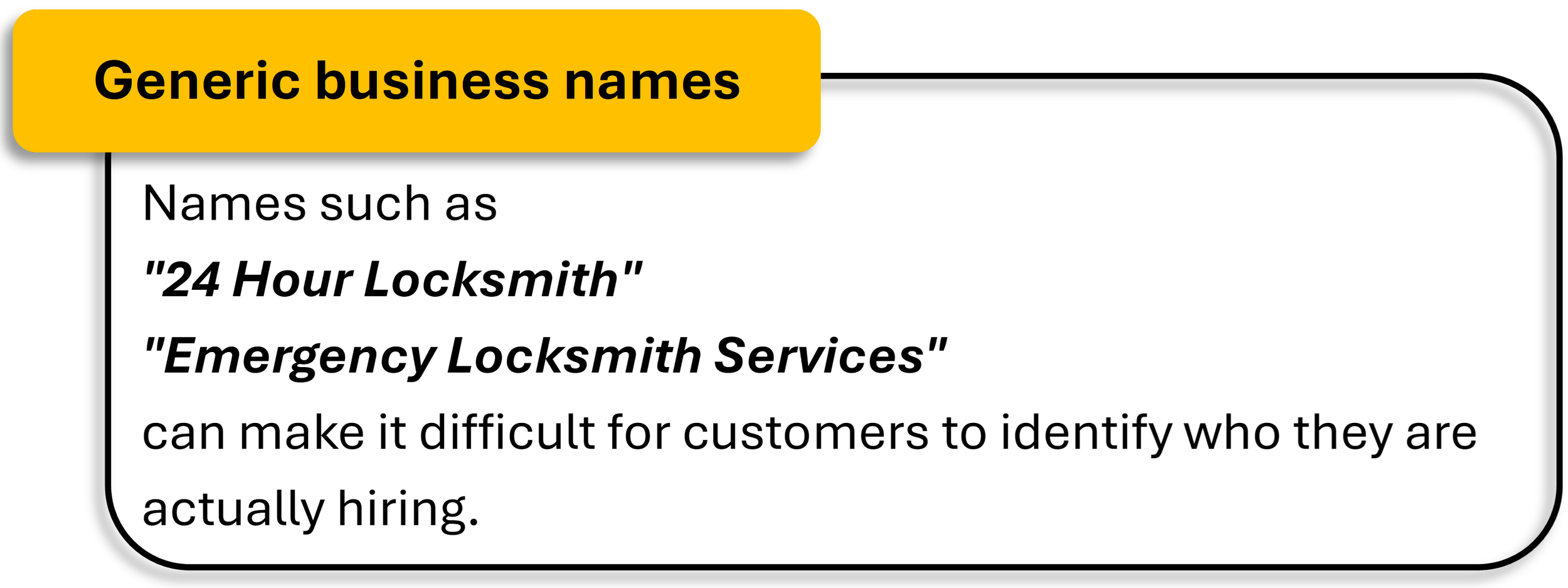 A custom image with a orange title that explains how rogue locksmiths attract customers with generic business names so that it is difficult check the validitiy of their operations