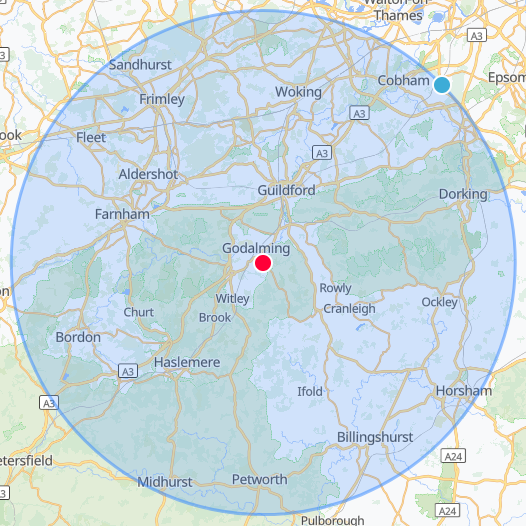 Image of Google maps with a pin on Godalming. This image supports text that Locksmithery operates a 15 mile radius ensuring quick arrival time and lower rates.