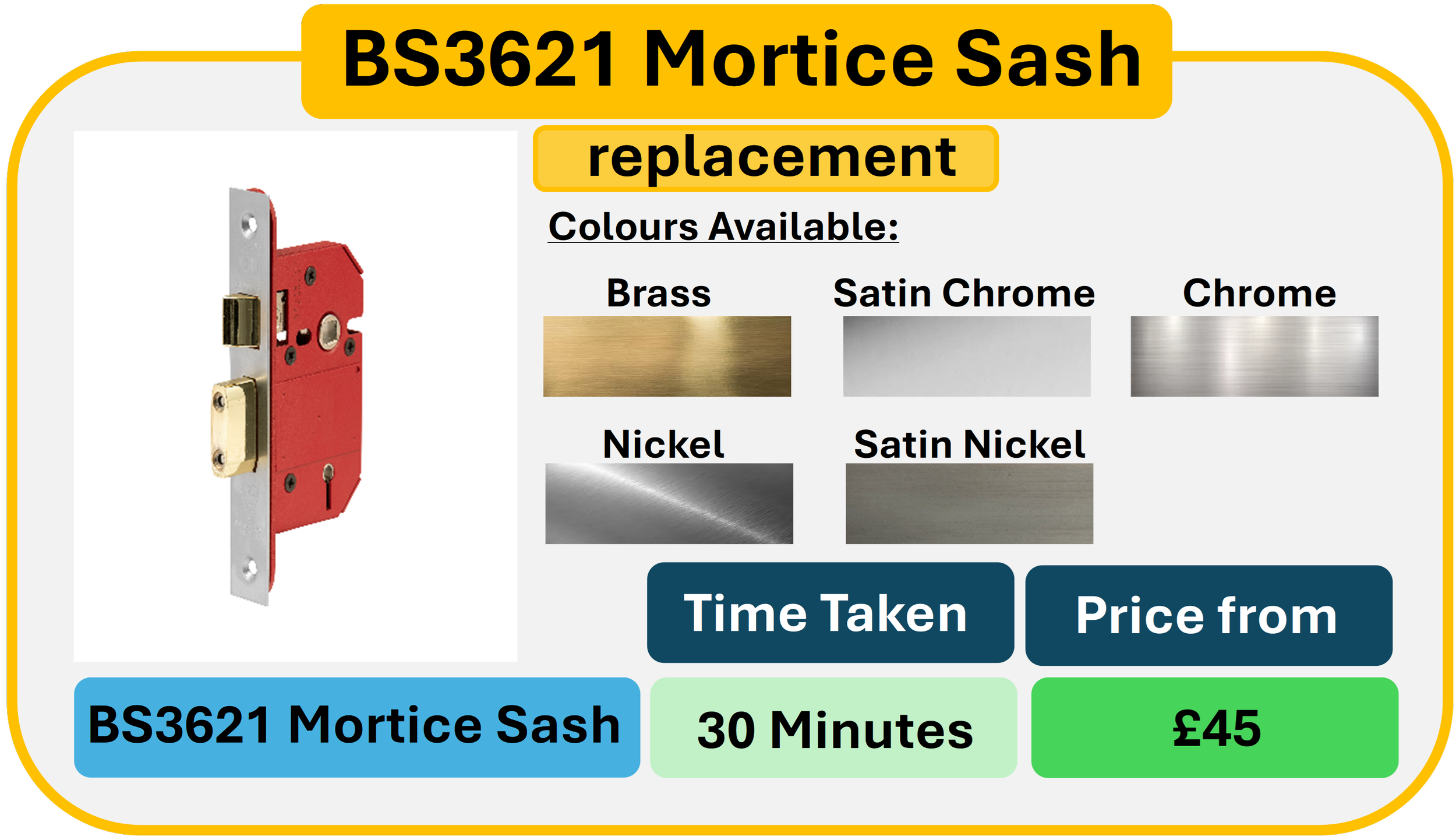 A color advertisement for a BS3621 mortice sash lock replacement, showing a red lock device. The ad lists available colors: brass, satin chrome, chrome, nickel, satin nickel. It states the time taken is 30 minutes and the price starts at £45.