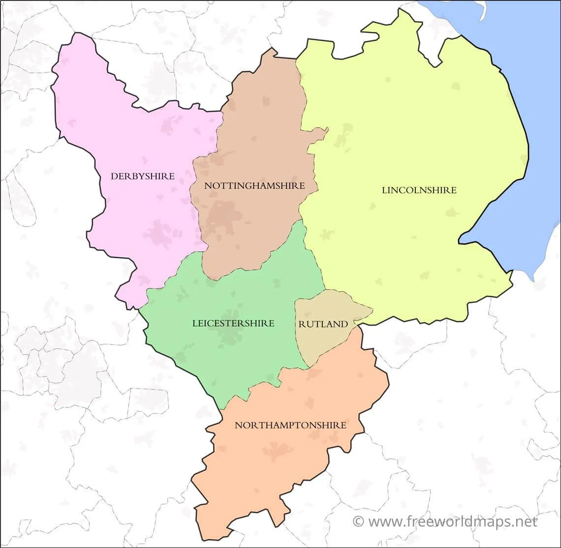 An image of east midlands, with each county boundaires.