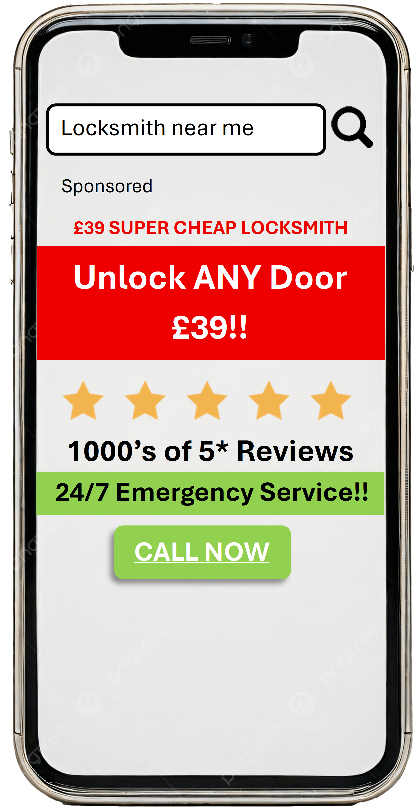 An image of a generic smart phone with a dummy search engine result of a potential scam "locksmith near me" advert