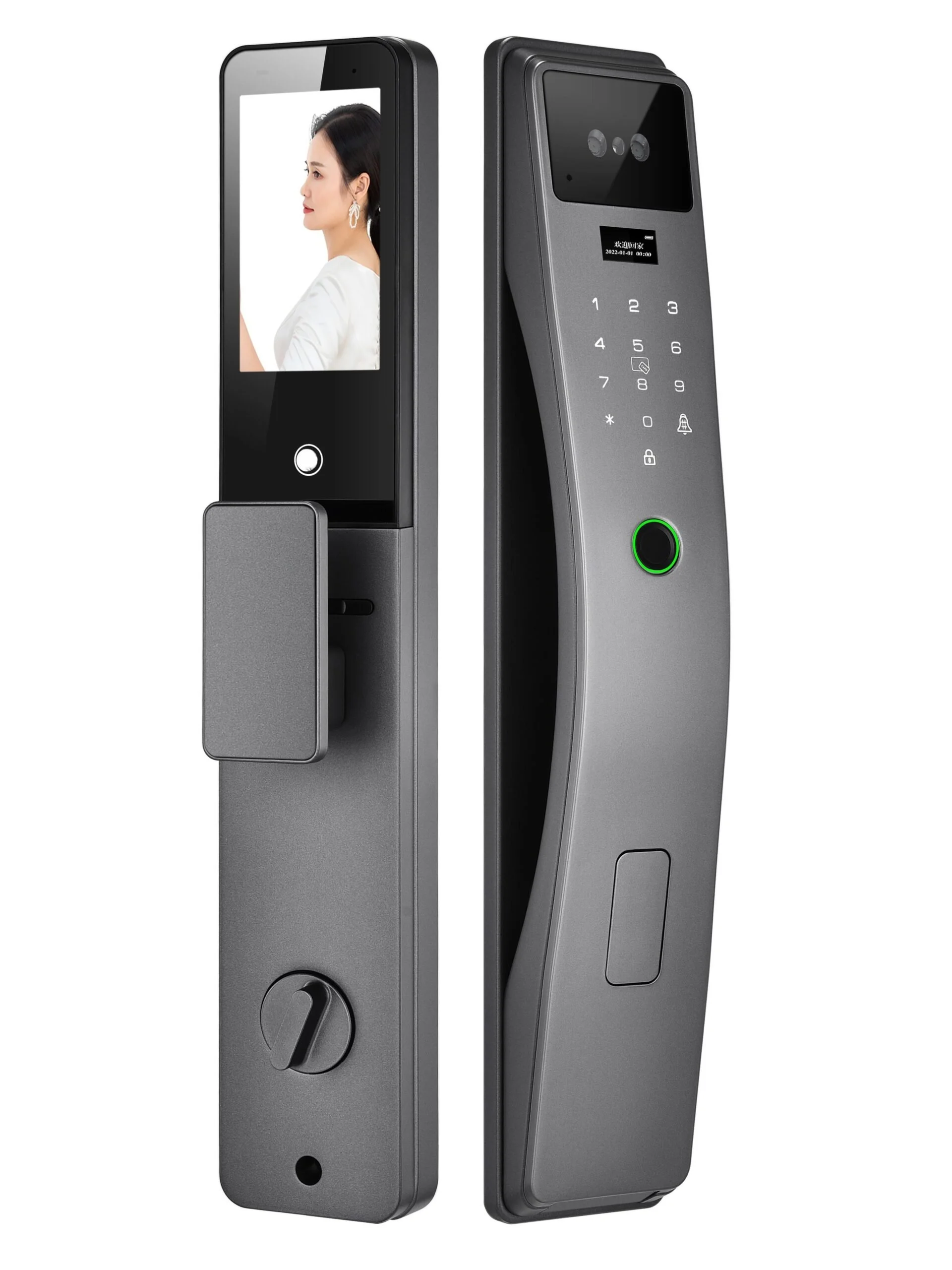An image of a grey smart lock with a screen.