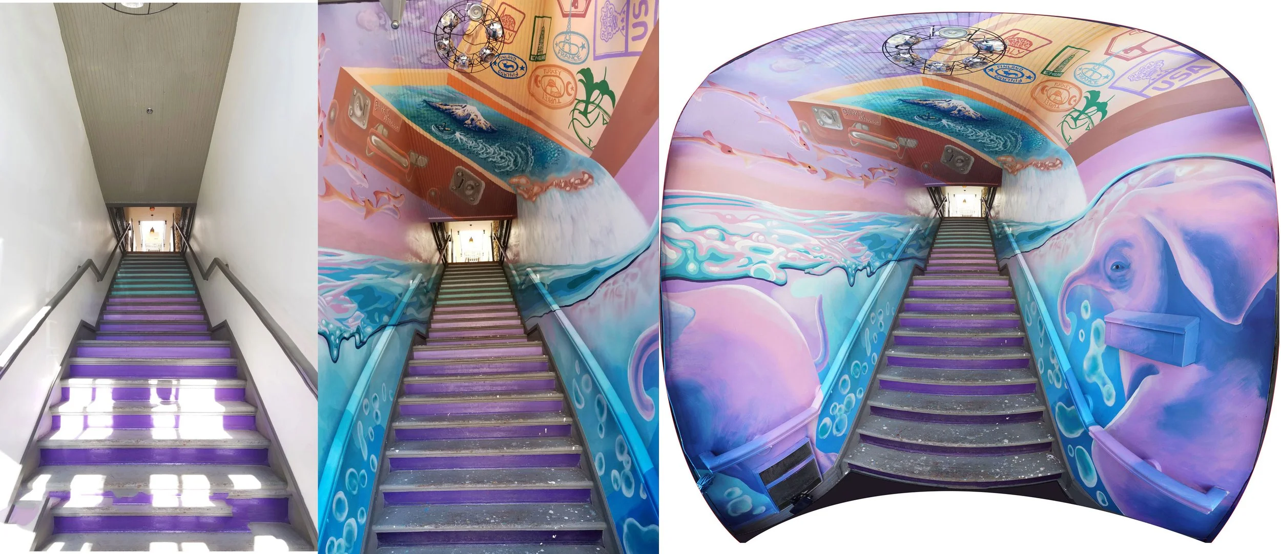 A staircase with purple LED lighting on steps, leading up to a hallway. The adjacent image shows colorful ocean-themed murals with dolphins, whales, and an elephant painted on the walls and ceiling surrounding the staircase.