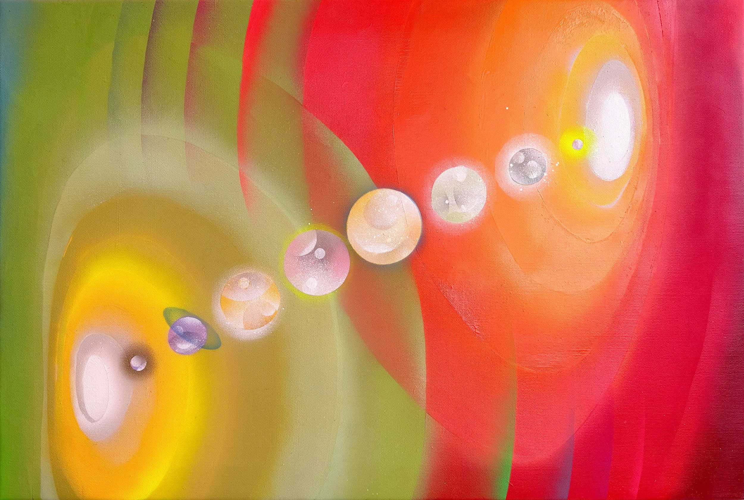 Abstract colorful painting with several transparent bubbles floating against a background of green, yellow, red, and orange hues.