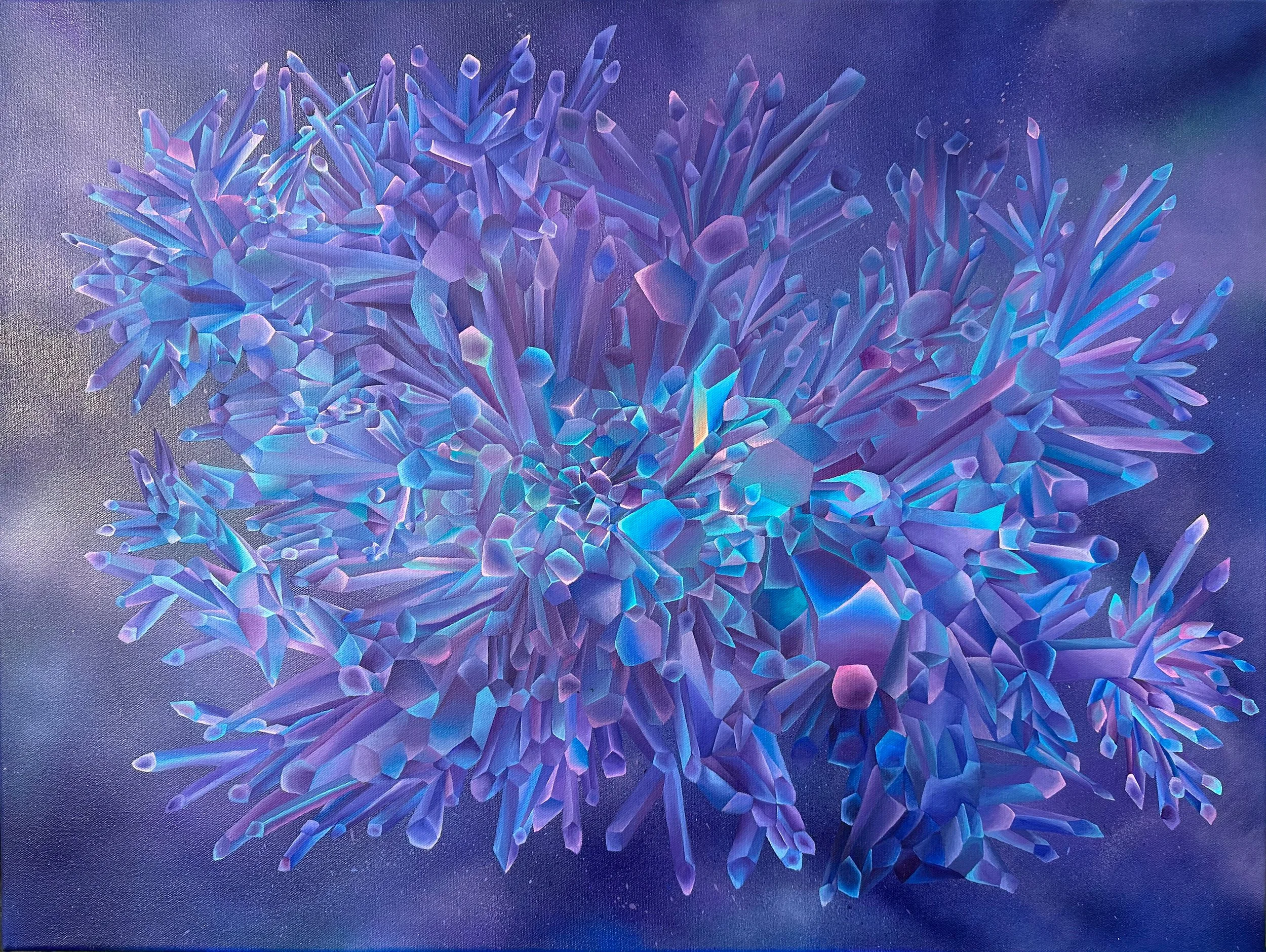 Digital artwork of an abstract, crystal-like formation in shades of blue and purple with ghostly, shimmering edges, set against a gradient background.