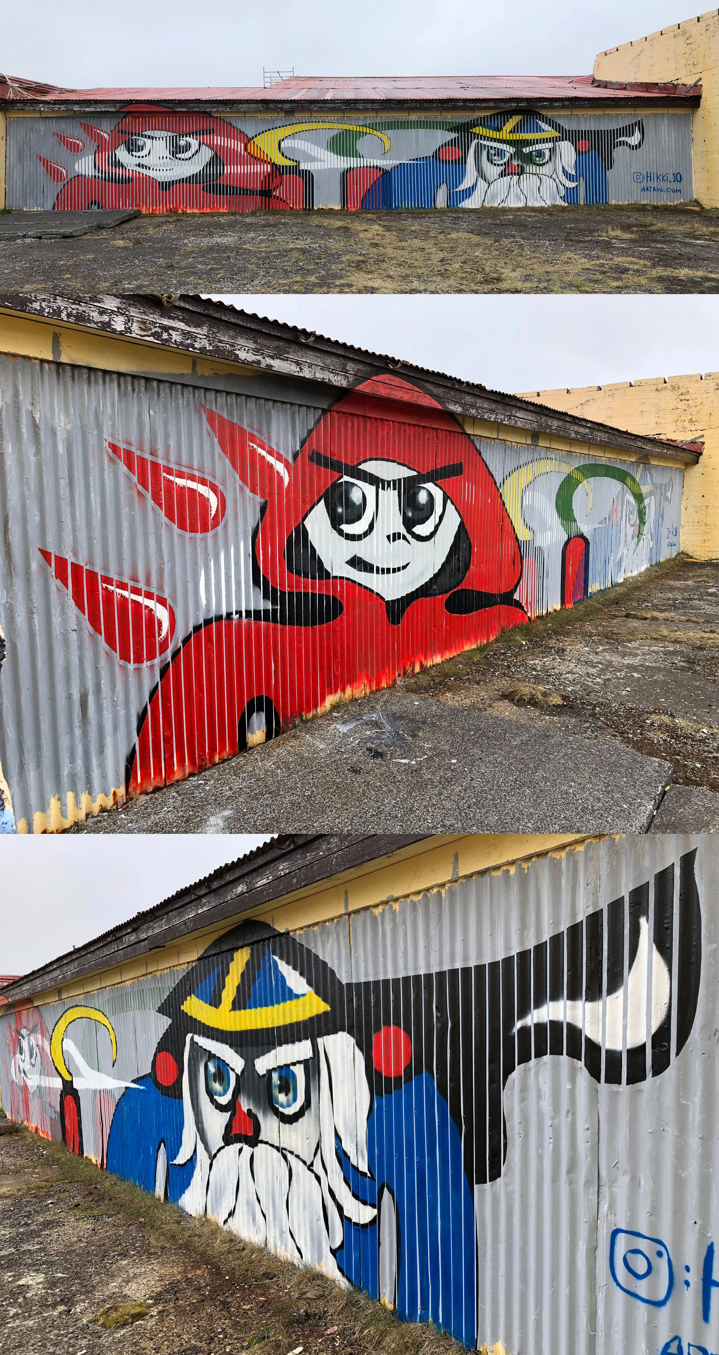 Colorful mural of traditional Japanese art characters on a metal wall, featuring a red hooded figure, a blue-robed figure with a hat, and a female character with long white hair and a staff.