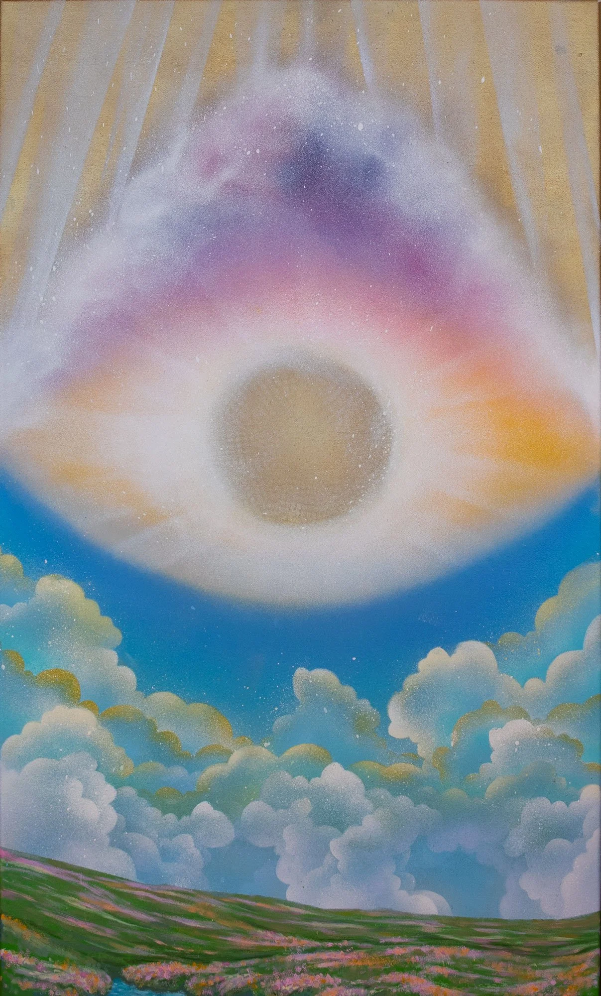 Path of life. This is composed by 5 different motions occurred during a meditation, from above to bottom: the heaven, higher dimensional space, a golden crystallized sphere with devine energy, sky and cloud, terrestrial garden. 