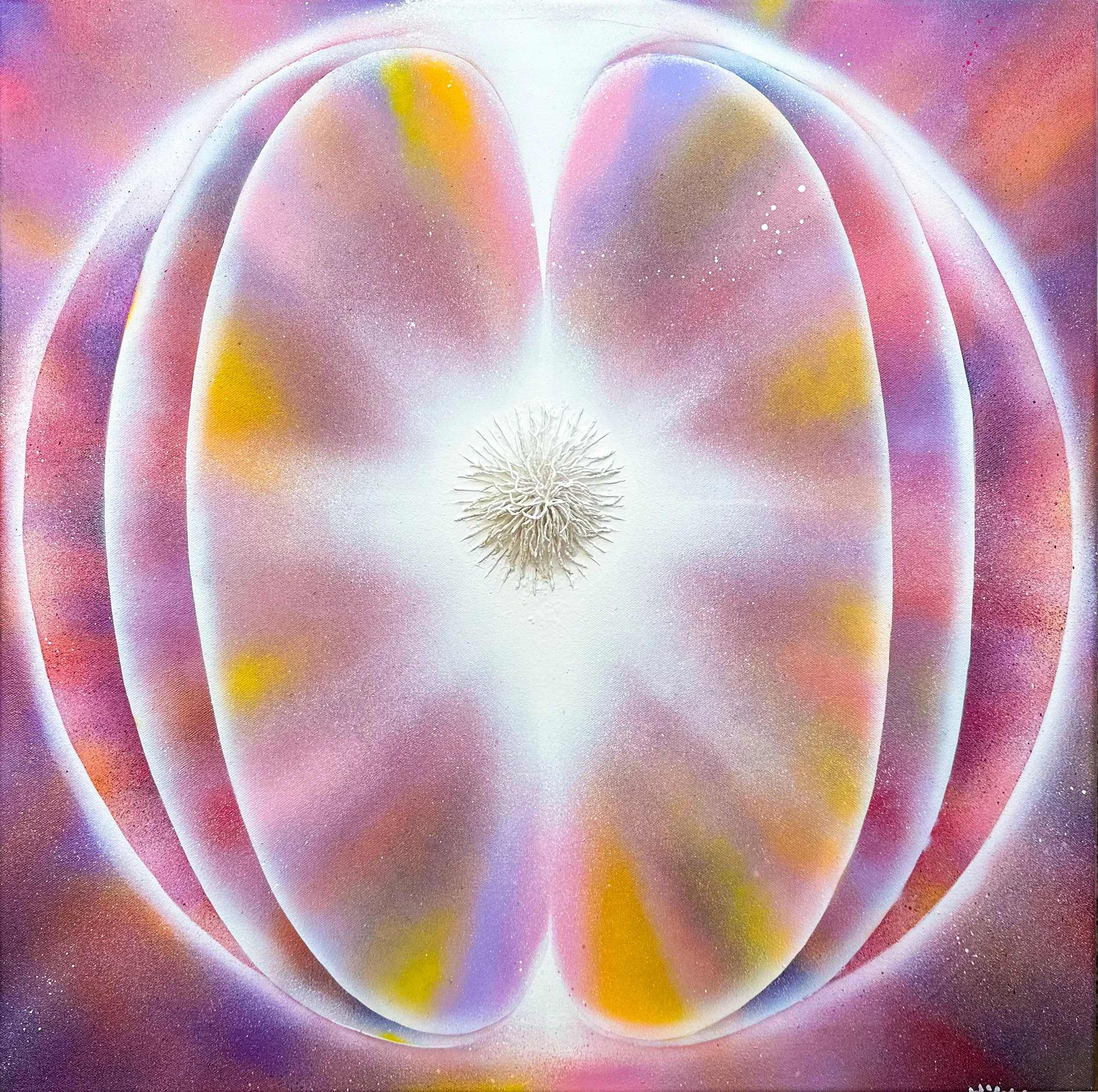 Abstract painting featuring a central circular shape with textured white details, surrounded by soft pastel colors like pink, purple, yellow, and orange, with glow effects and layered petal-like forms.