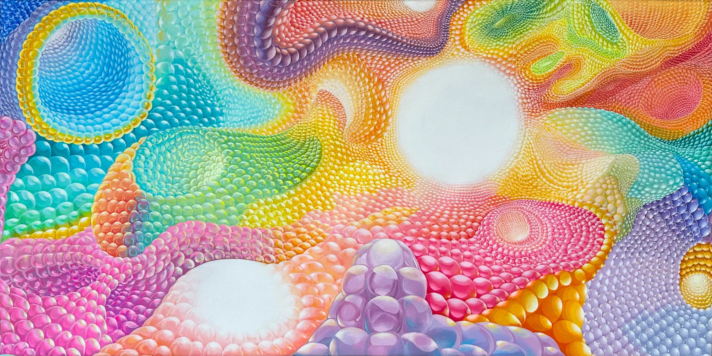 Abstract colorful geometric pattern with various rounded shapes in bright pastel colors including pink, blue, green, yellow, orange, and purple, creating a vibrant and dynamic composition.