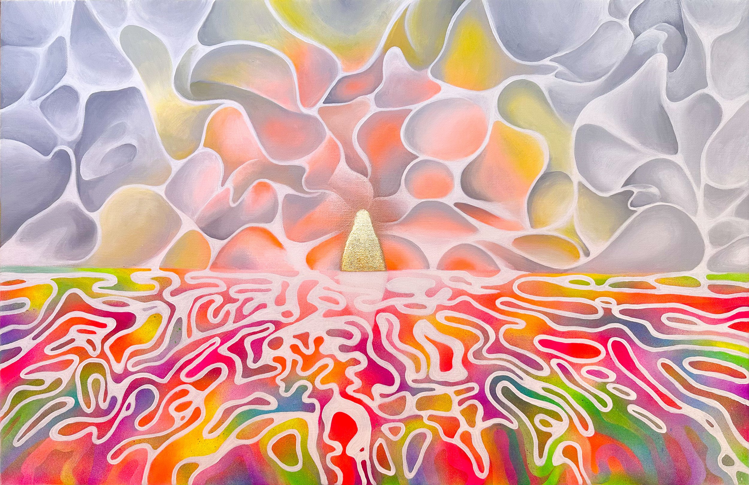 Abstract colorful painting with a variety of shapes and colors, featuring a central triangular shape, surrounded by swirling patterns and a background of soft, cloud-like formations.