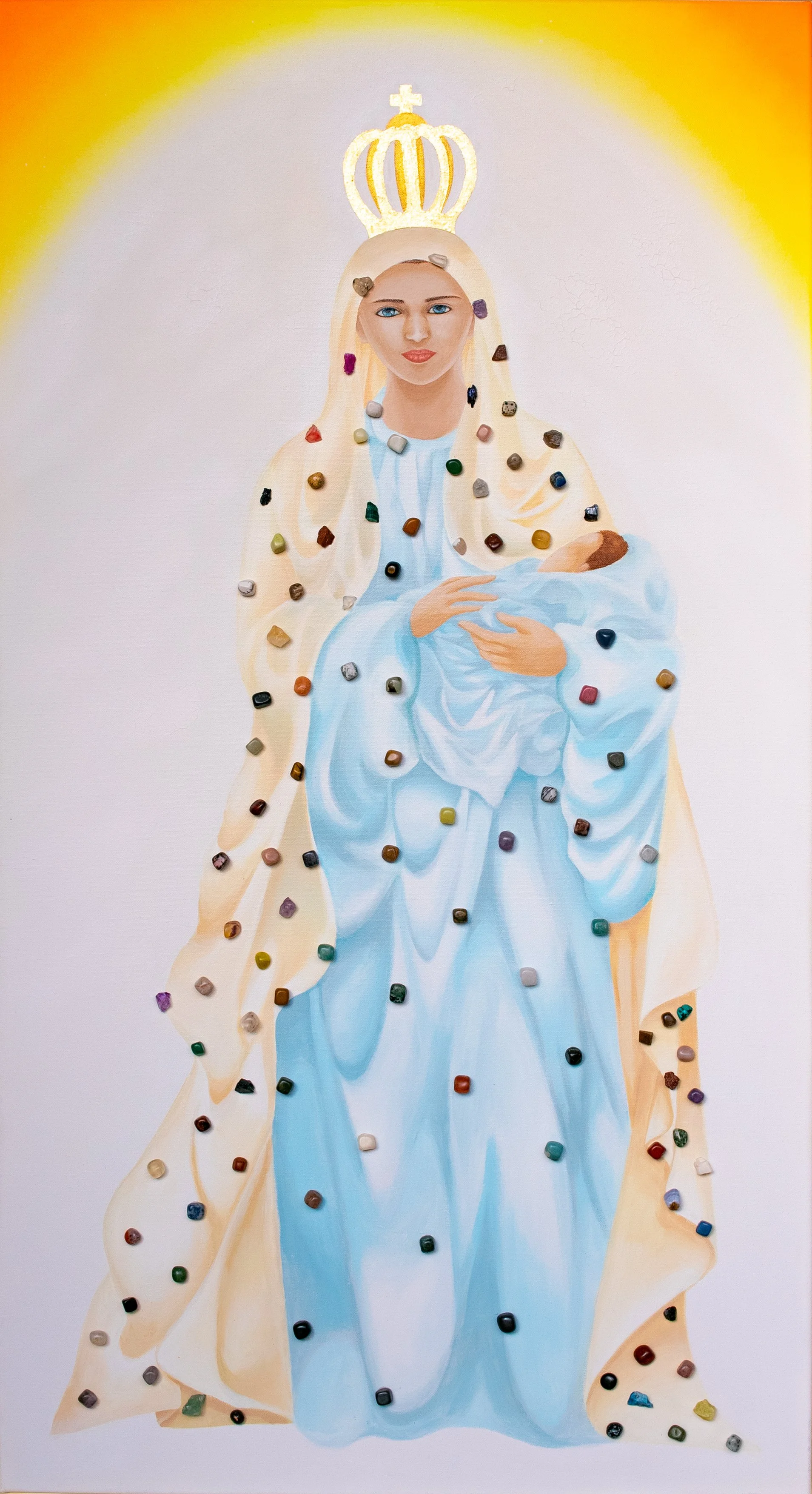 Religious painting of the Virgin Mary holding baby Jesus, wearing a crown and adorned with colorful small stones, with a yellow halo background.