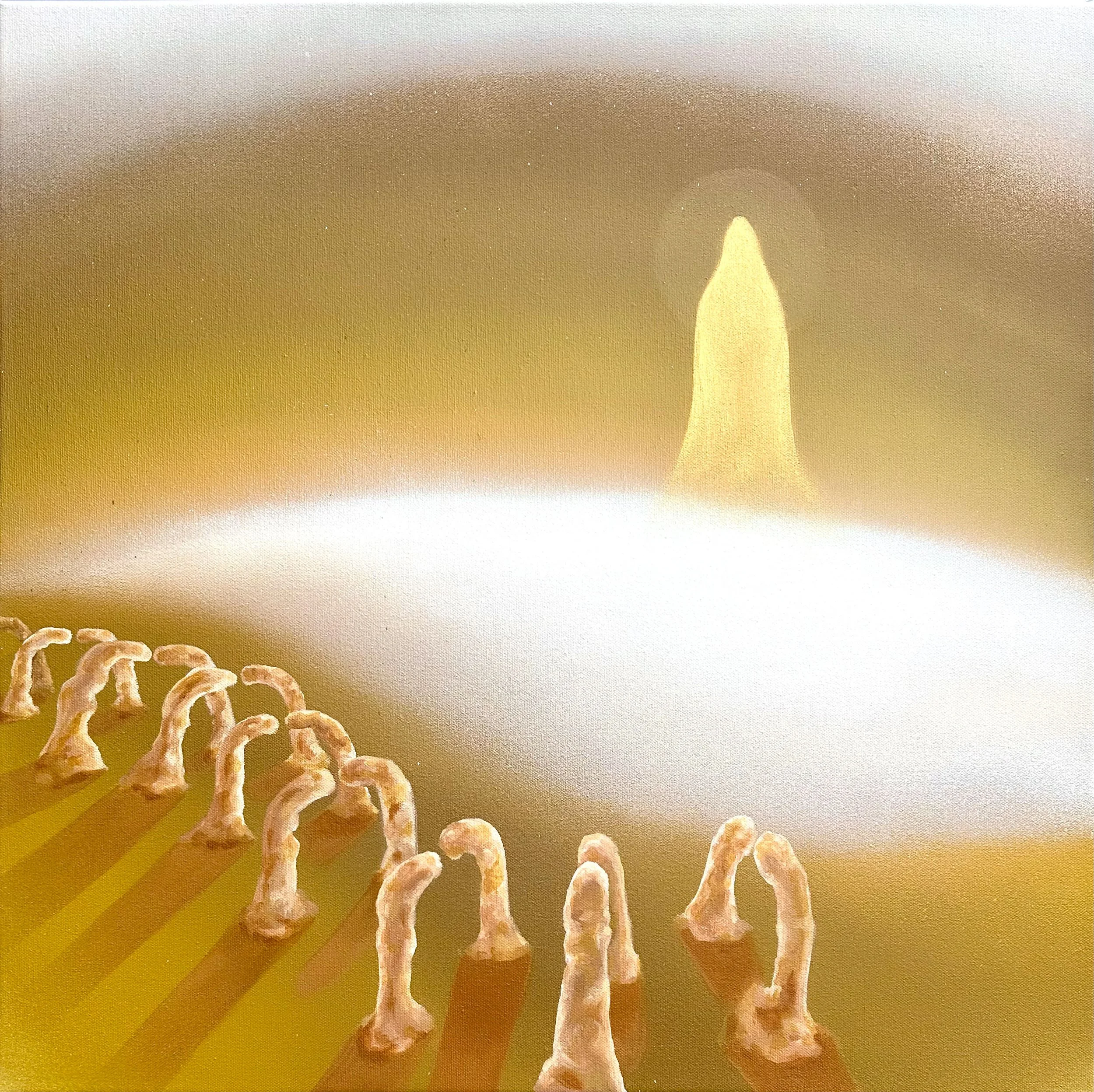 Close-up of a lit candle with a yellow flame, surrounded by numerous wax drippings on a yellow surface.