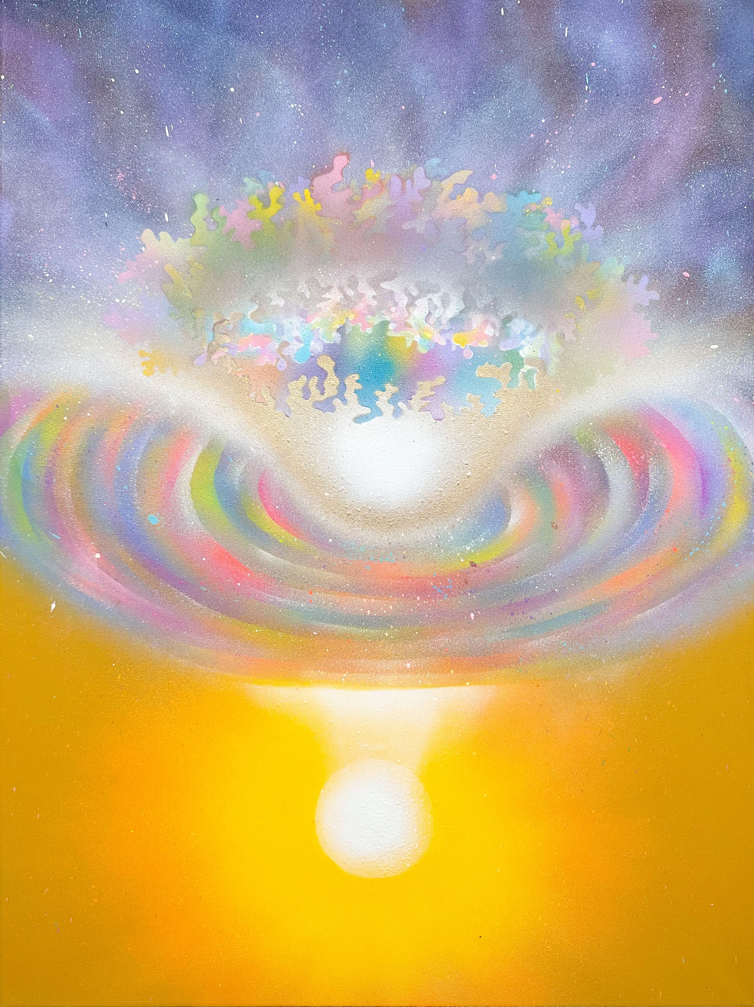 Abstract pastel-colored painting featuring swirling patterns and a bright white center, resembling a cosmic or spiritual scene.