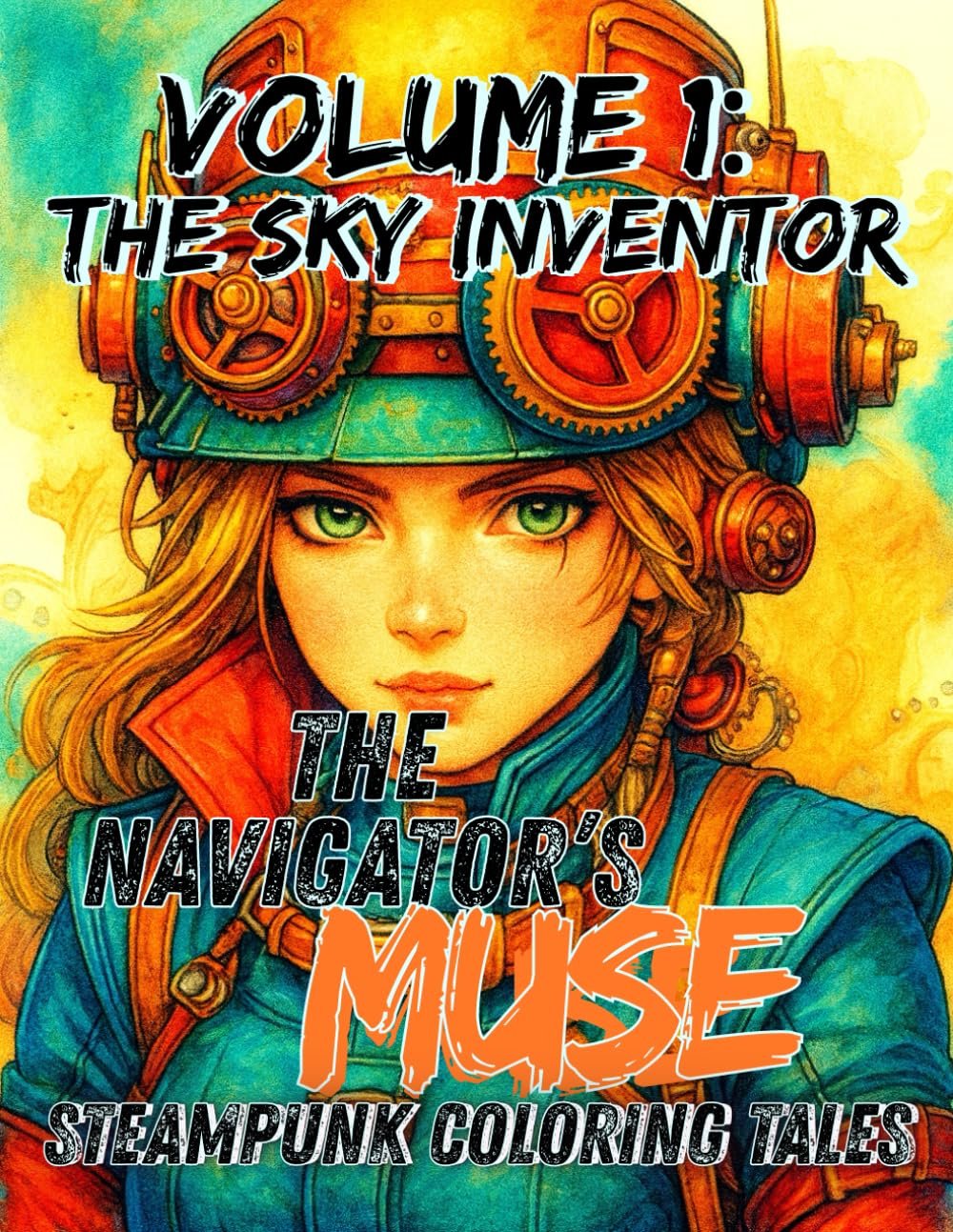 Unleash your creativity and escape into the clouds with The Navigator’s Muse: Steampunk Coloring Tales – Volume 1: The Sky Inventor.
This beautifully designed steampunk fantasy coloring book invites you into a world of bold heroines, intricate clockw