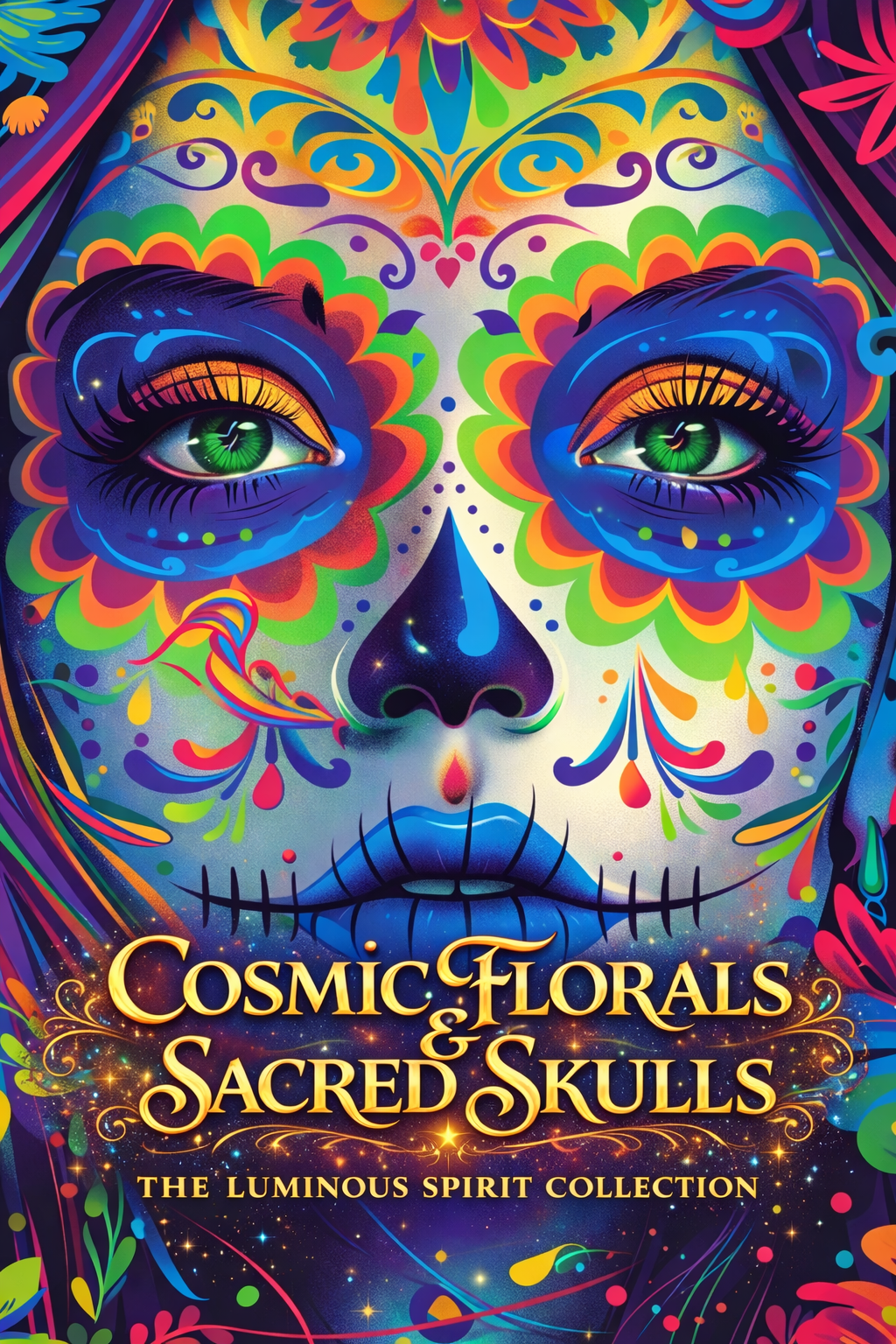 Cosmic Florals & Sacred Skulls is not just a coloring book—it’s an immersive journey through luminous energy, sacred symbolism, and hypnotic design. Each page blends intricate sugar skull portraits with vibrant floral mandalas, creating a powerful fu