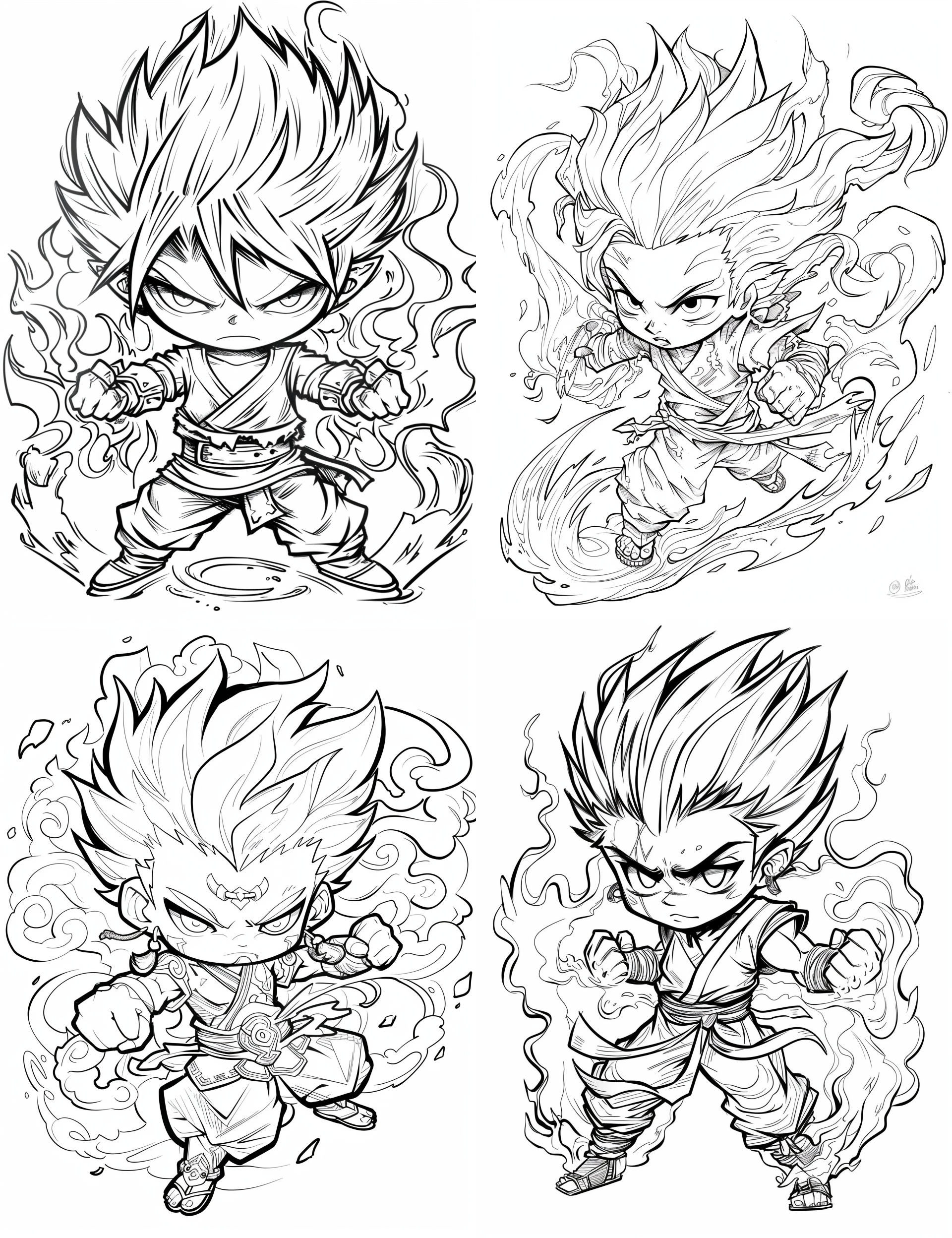 Line art illustrations of four chibi-style characters with spiky hair and intense expressions, surrounded by flames or energy, each in a dynamic fighting pose.