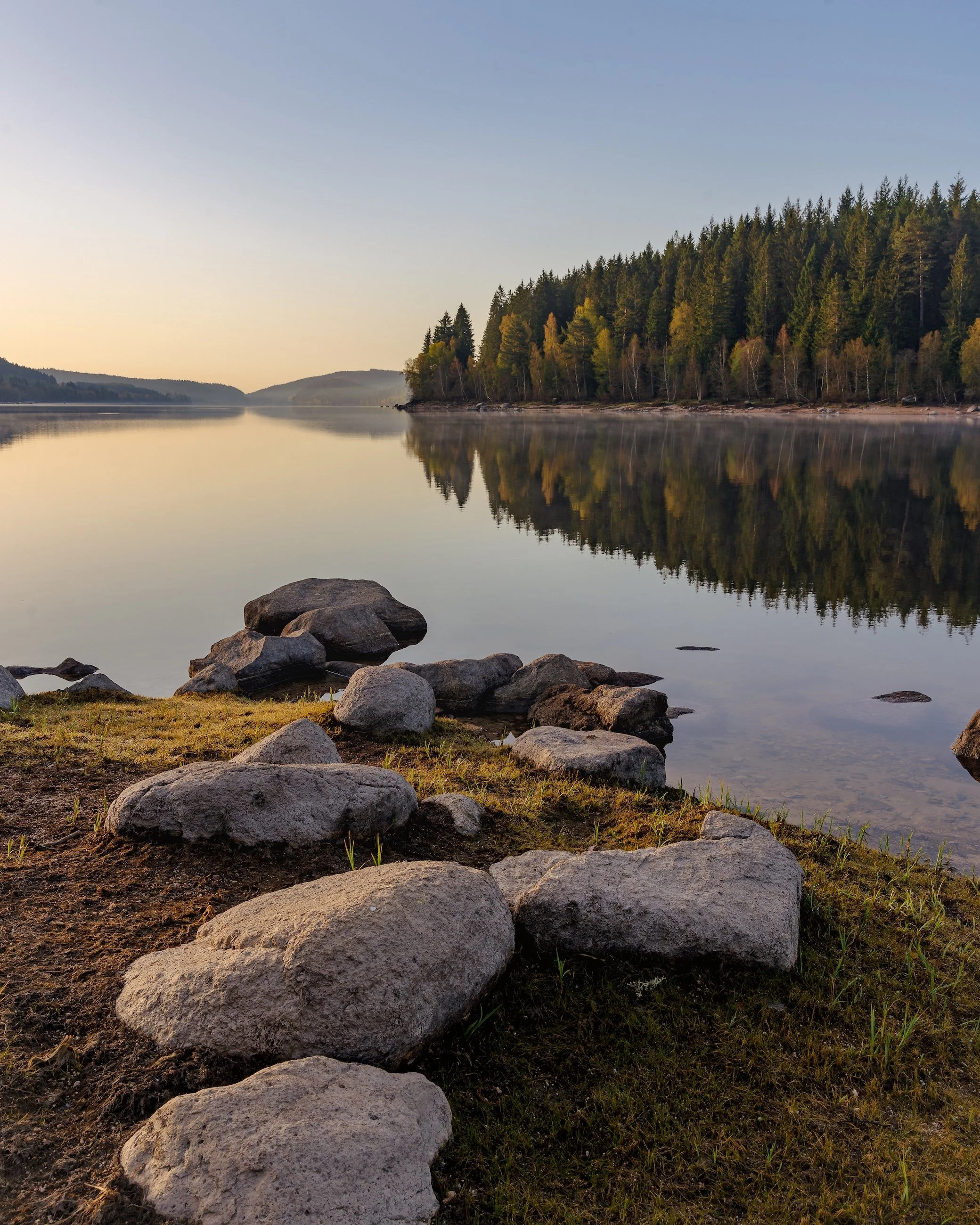 Ein ruhiger See mit einer Baumlinie am Horizont, im Vordergrund liegen große Steine am Ufer. Das Wasser spiegelt die Bäume und den Himmel wider, die Szenerie ist bei Sonnenaufgang oder Sonnenuntergang. Einige Blätter und Gräser wachsen um die Steine.