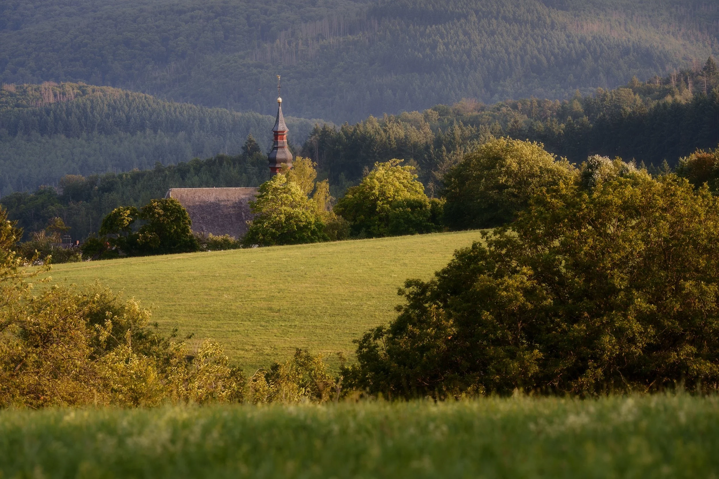 Landschaft mit grünen Wiesen, Bäumen und einem Kirchturm im Hintergrund, umgeben von Hügeln und Wäldern.