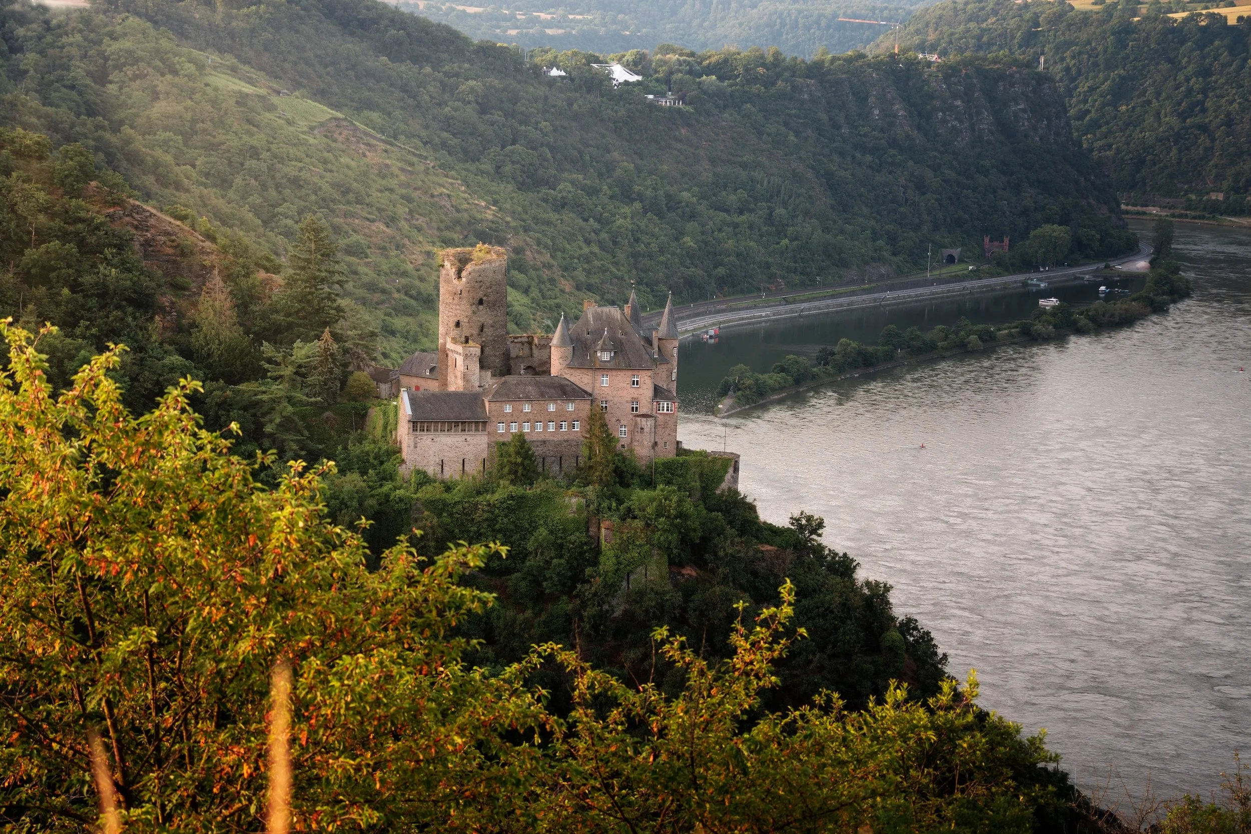 Ein mittelalterliches Schloss auf einem Hügel neben einem Fluss, umgeben von grünen Bäumen und Hügeln.