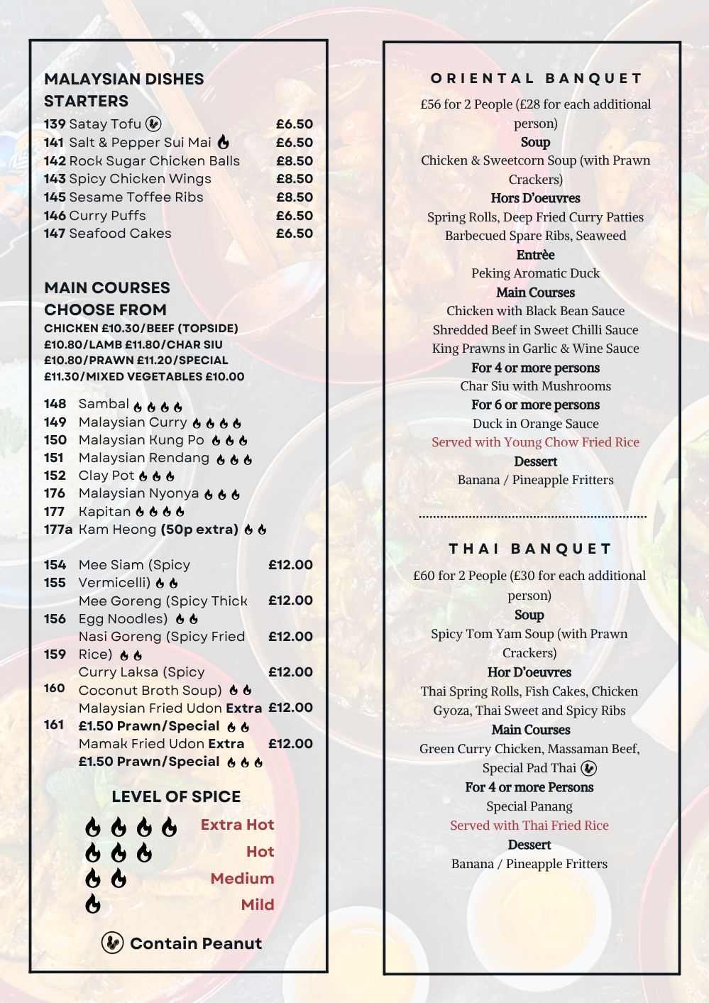 Menu featuring Malaysian, Thai, and Oriental banquets with prices, dishes, and spice level options.