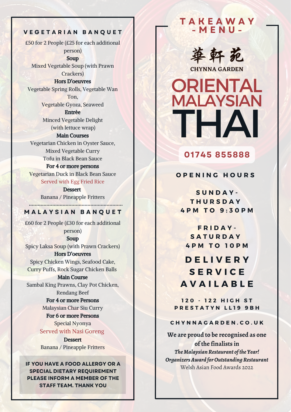 Takeaway menu for Chynn Garden featuring Oriental Malaysian Thai cuisine, with options for vegetarian and Malaysian banquets, including soups, hors d'oeuvres, main courses, and desserts, along with opening hours and contact information.