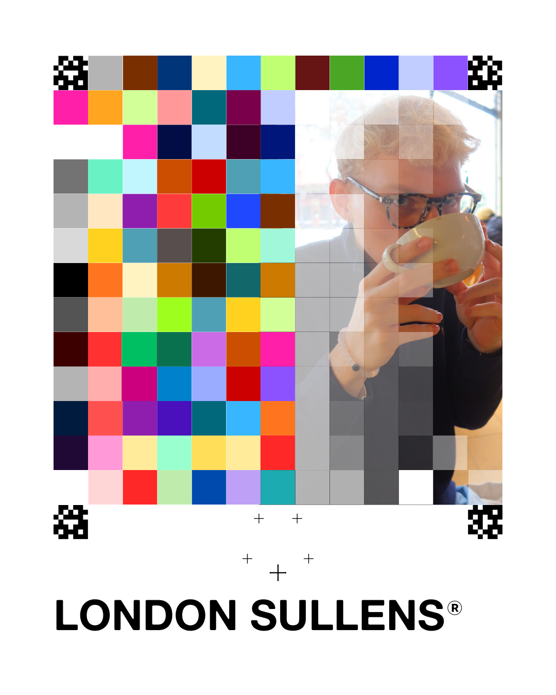 A person with glasses drinking from a mug in a cafe, with a colorful mosaic overlay and the text 'LONDON SULLENS' at the bottom.