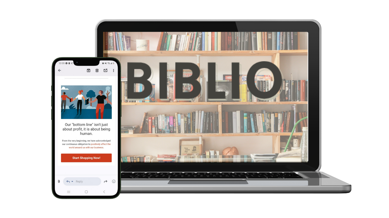 A laptop and smartphone display digital images; the laptop shows a bookshelf filled with books, and the smartphone shows an illustration of three people holding hands with a message about human focus and a red button labeled 'Start Shopping Now!'
